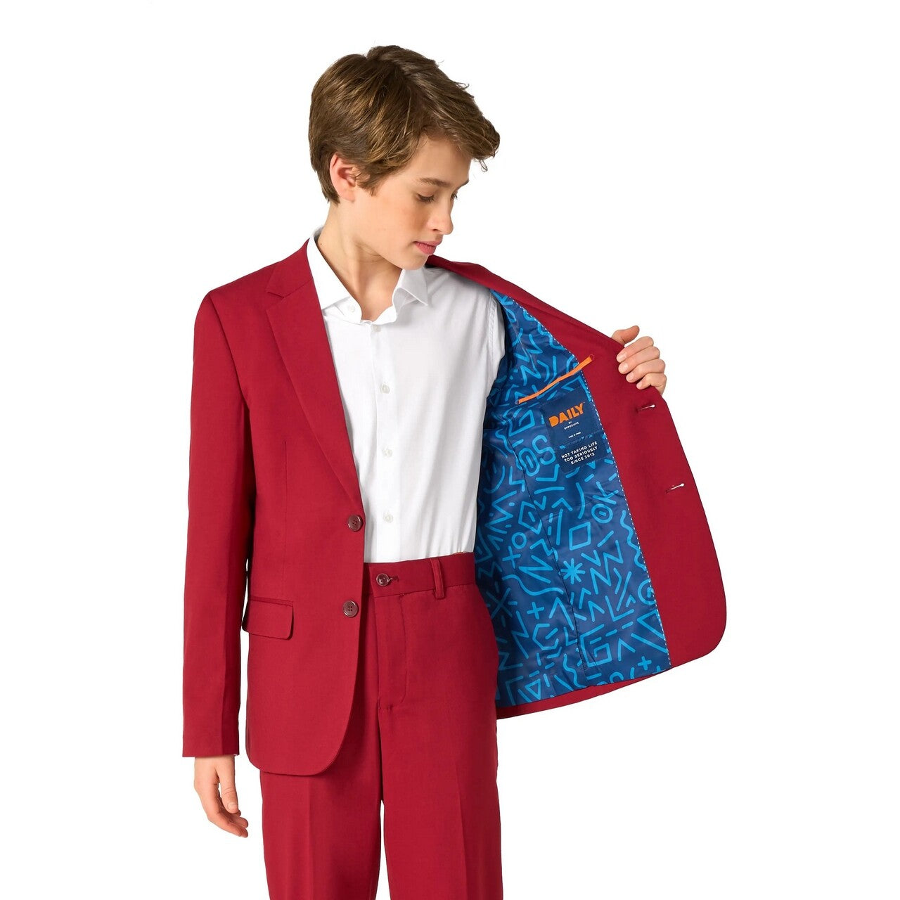 Op deze afbeelding zie je een Kostuums, van het merk Opposuits. Daily Bright Burgundy Tiener Jongen Kostuum