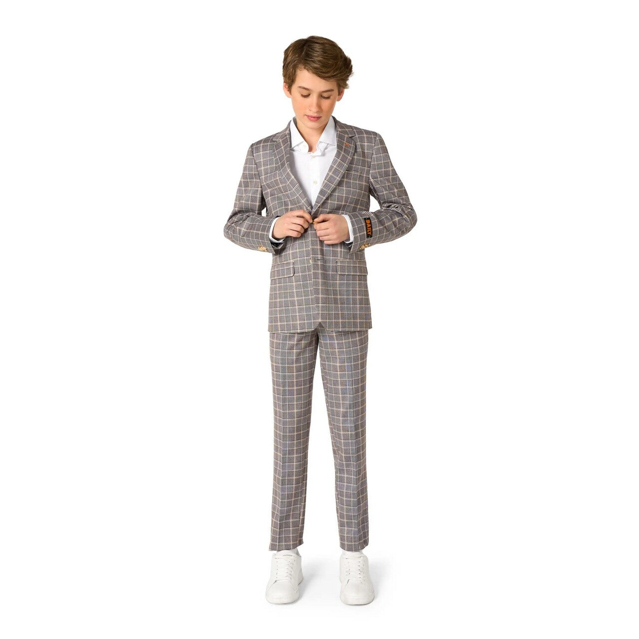 Op deze afbeelding zie je een Kostuums, van het merk Opposuits. Daily Checked Tan Tiener Jongen Kostuum