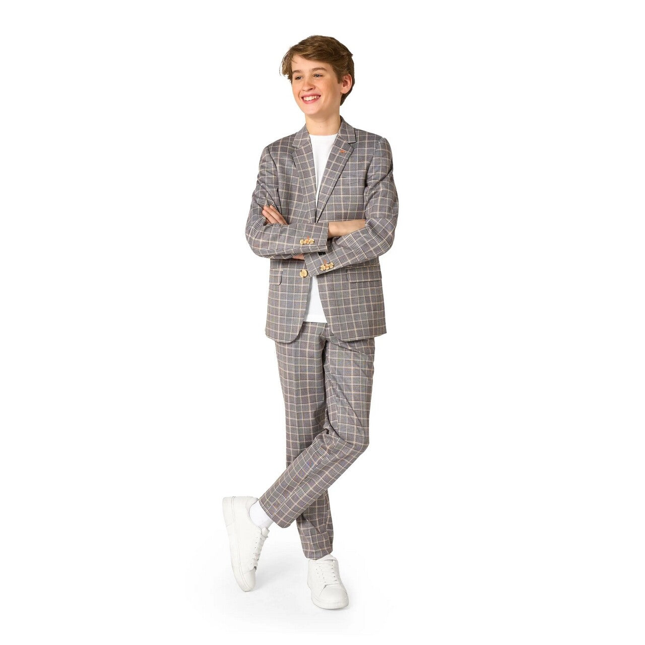 Op deze afbeelding zie je een Kostuums, van het merk Opposuits. Daily Checked Tan Tiener Jongen Kostuum