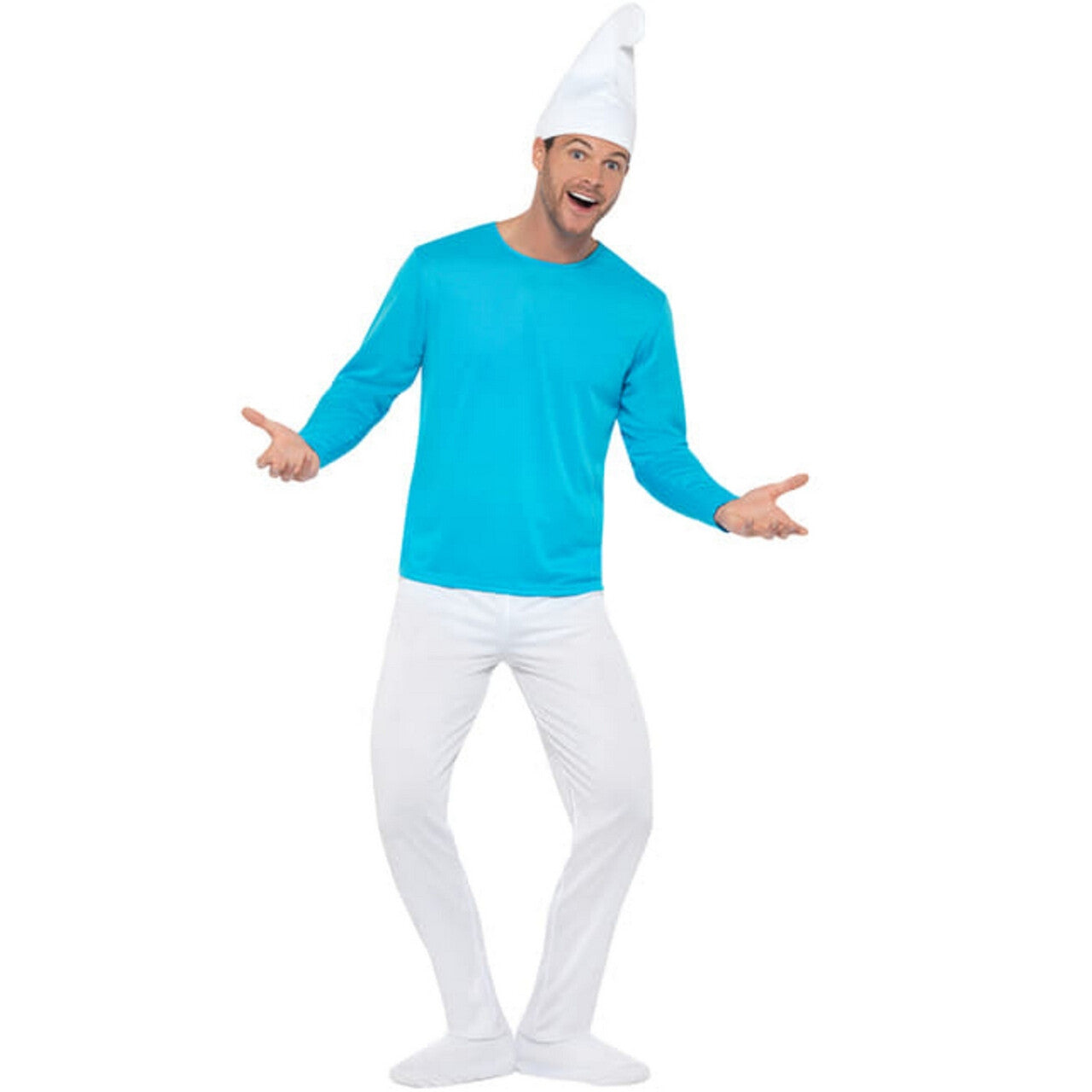 Op deze afbeelding zie je een Kostuums, van het merk Funidelia. Vrolijke Blauwe Smurf Man Kostuum
