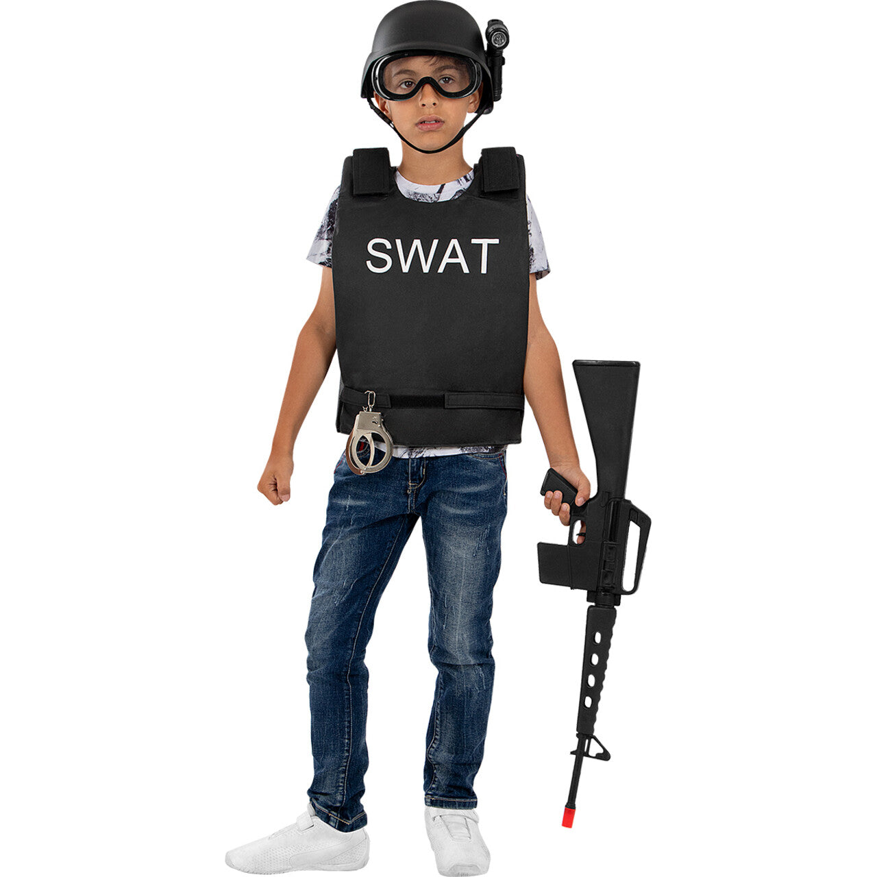 Op deze afbeelding zie je een Accessoires, van het merk Funidelia. Police Swat Helm Met Lamp En Bril