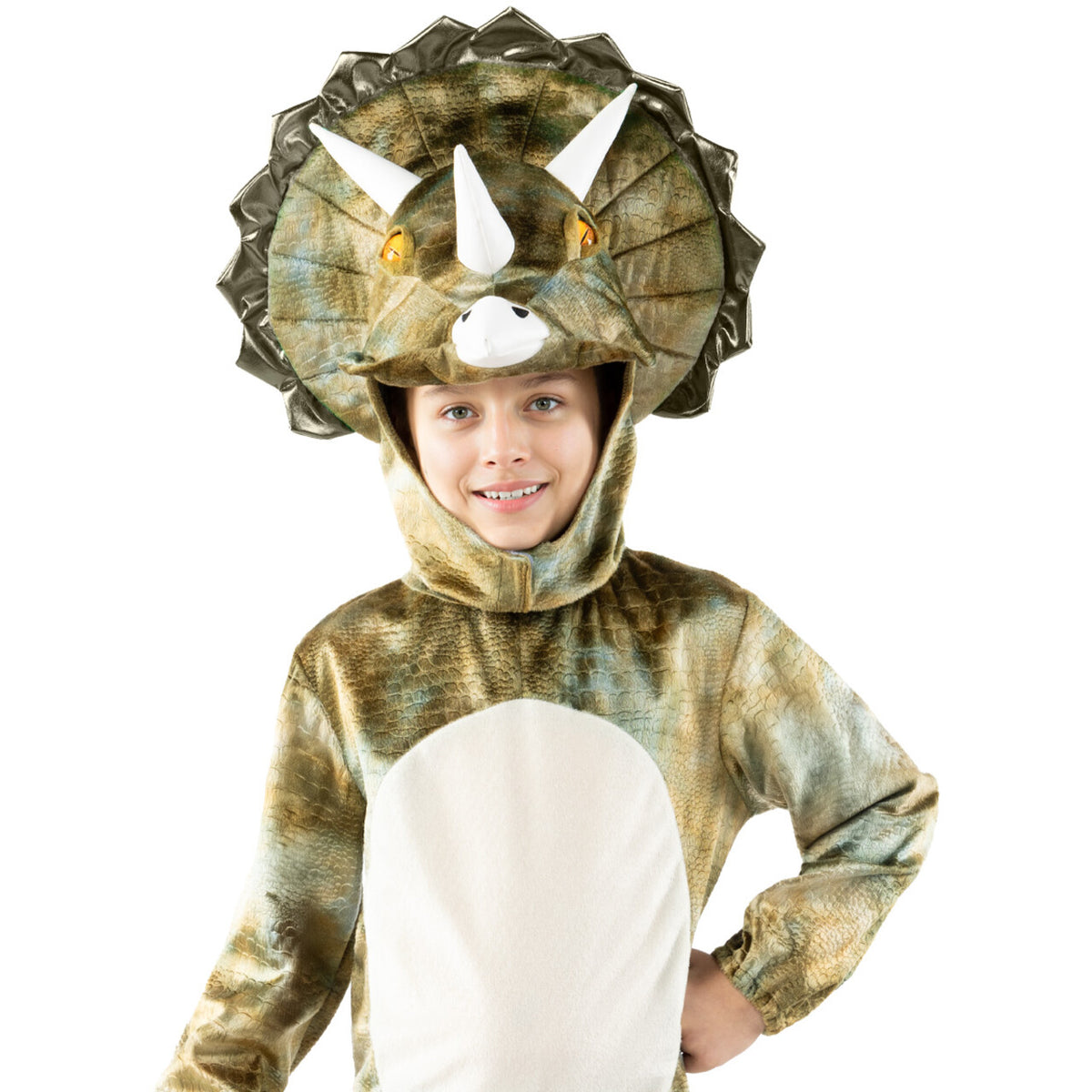Op deze afbeelding zie je een Kostuums, van het merk Funidelia. Vriendelijke Triceratops Dinosaurus Kind Kostuum