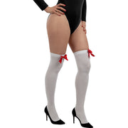 Op deze afbeelding zie je een Accessoires, van het merk Funidelia. Witte Hoge Kousen Met Rood Strikje