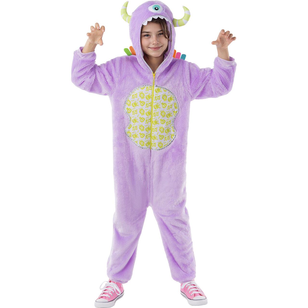 Op deze afbeelding zie je een Kostuums, van het merk Funidelia. Het Vriendelijke Paarse Monster Kind Kostuum