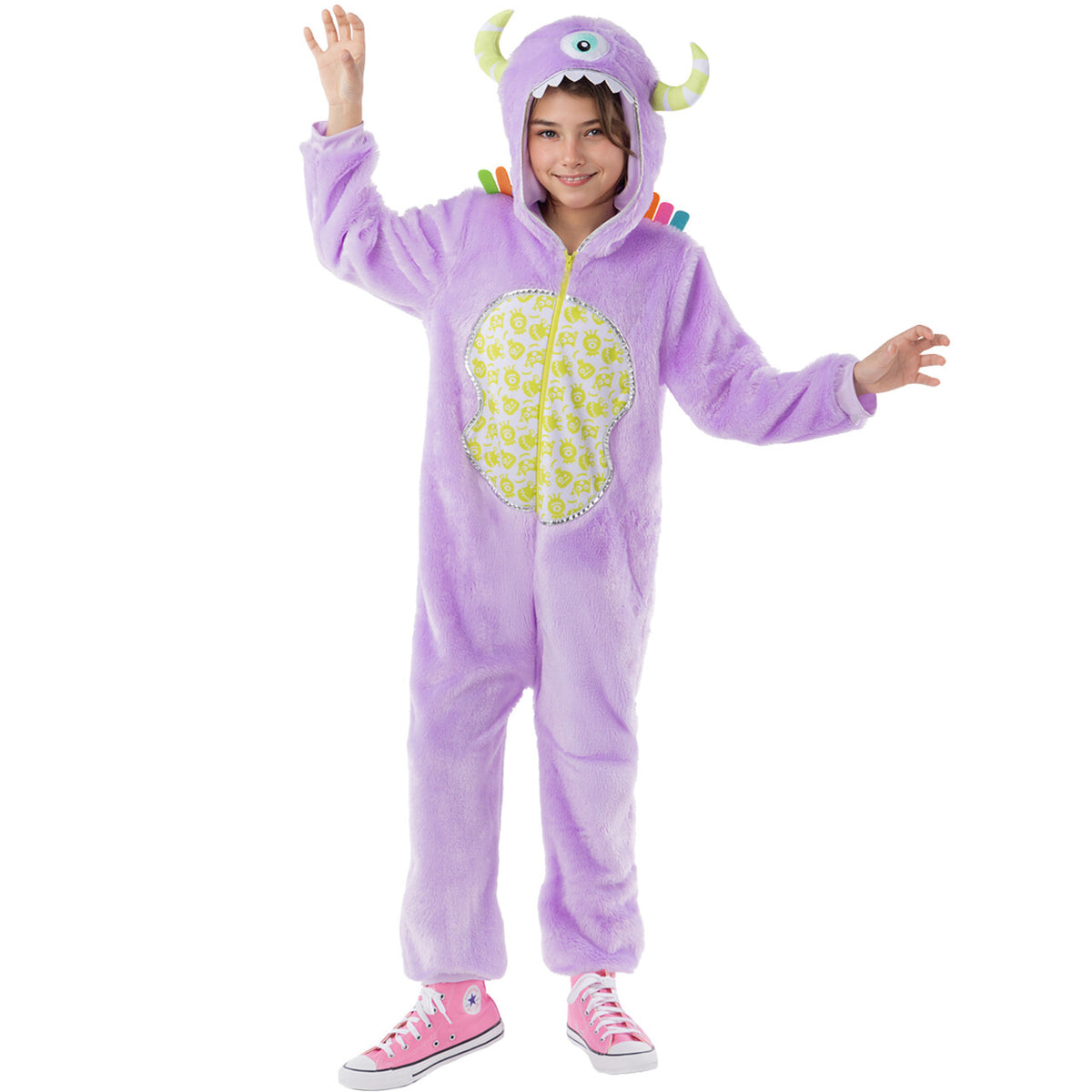 Op deze afbeelding zie je een Kostuums, van het merk Funidelia. Het Vriendelijke Paarse Monster Kind Kostuum