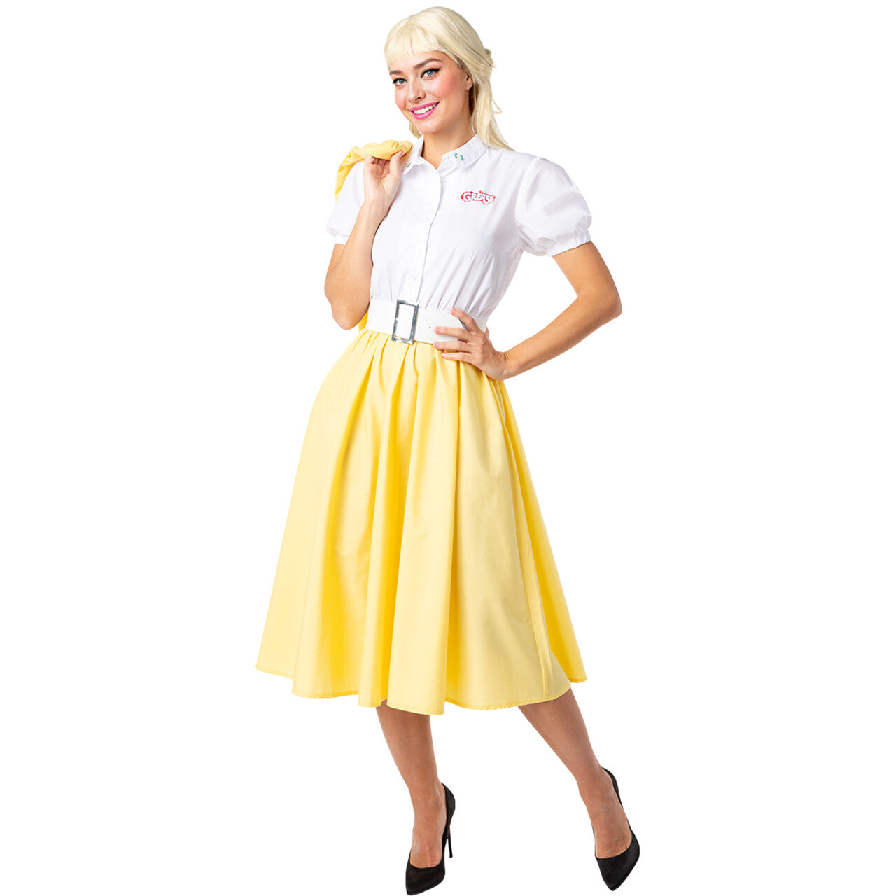 Op deze afbeelding zie je een Kostuums, van het merk Funidelia. Good Sweet Yellow Sandy Grease Vrouw Kostuum