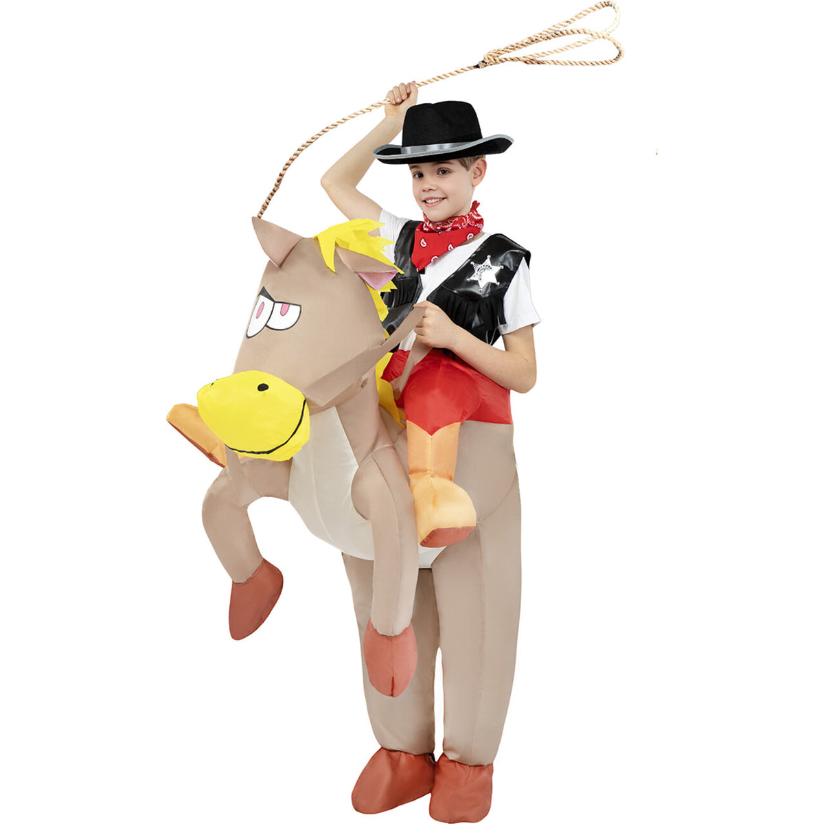 Op deze afbeelding zie je een Kostuums, van het merk Funidelia. Op De Rug Van Een Paard Cowboy Harry Horse Kind Kostuum