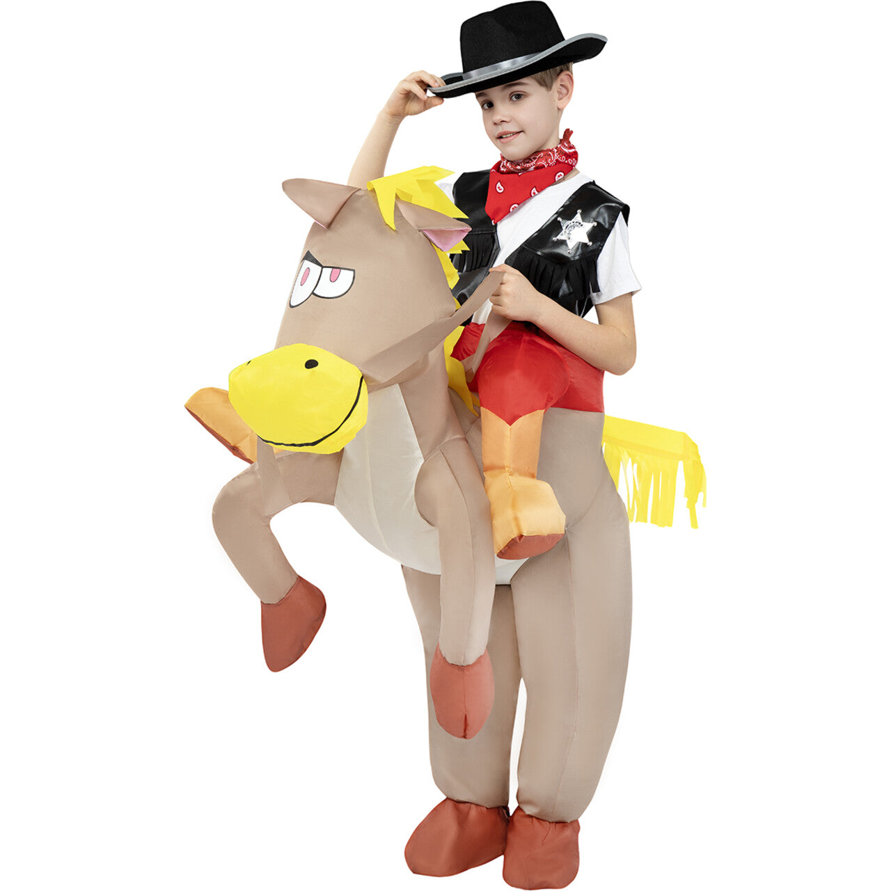 Op deze afbeelding zie je een Kostuums, van het merk Funidelia. Op De Rug Van Een Paard Cowboy Harry Horse Kind Kostuum