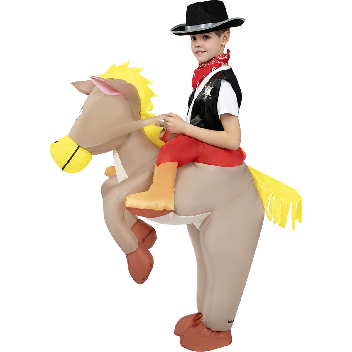 Op deze afbeelding zie je een Kostuums, van het merk Funidelia. Op De Rug Van Een Paard Cowboy Harry Horse Kind Kostuum