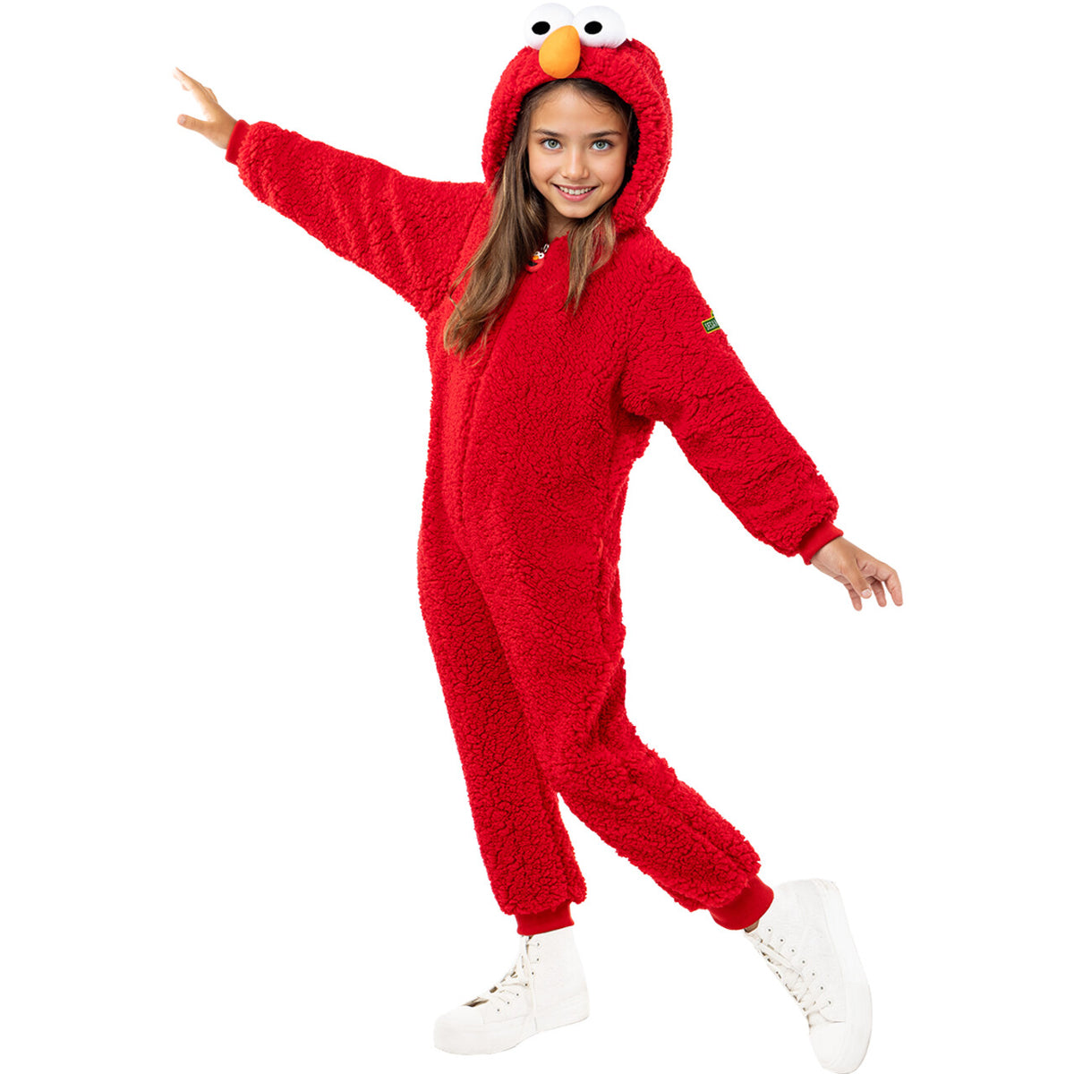 Op deze afbeelding zie je een Kostuums, van het merk Funidelia. Mega Comfy Elmo Sesamstreet Onesie Kind Kostuum