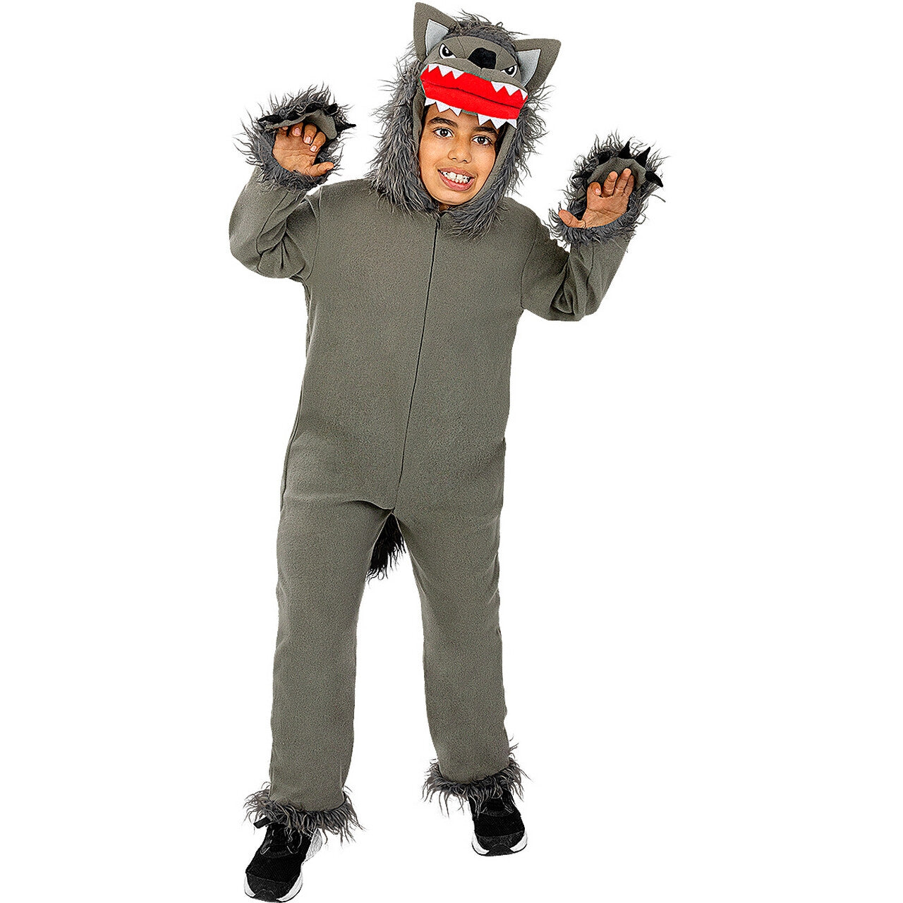 Op deze afbeelding zie je een Kostuums, van het merk Funidelia. De Kleine Grijze Wolf Kind Kostuum