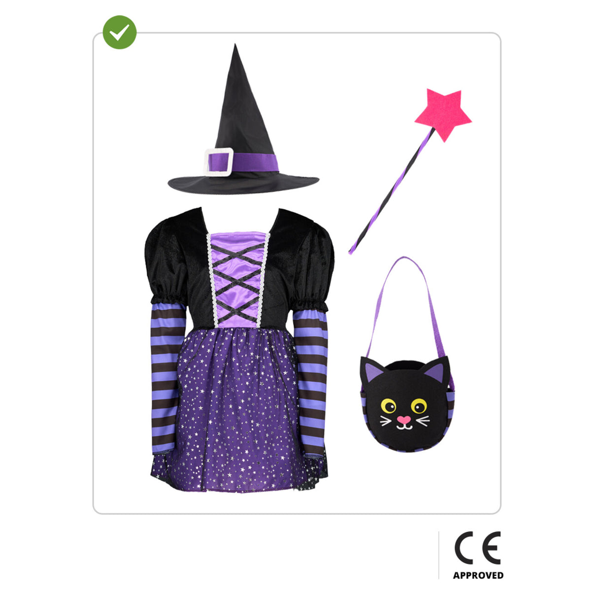 Op deze afbeelding zie je een Kostuums, van het merk Funidelia. Purperella Star Cat Heks Meisje Kostuum