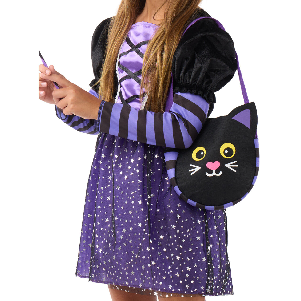 Op deze afbeelding zie je een Kostuums, van het merk Funidelia. Purperella Star Cat Heks Meisje Kostuum