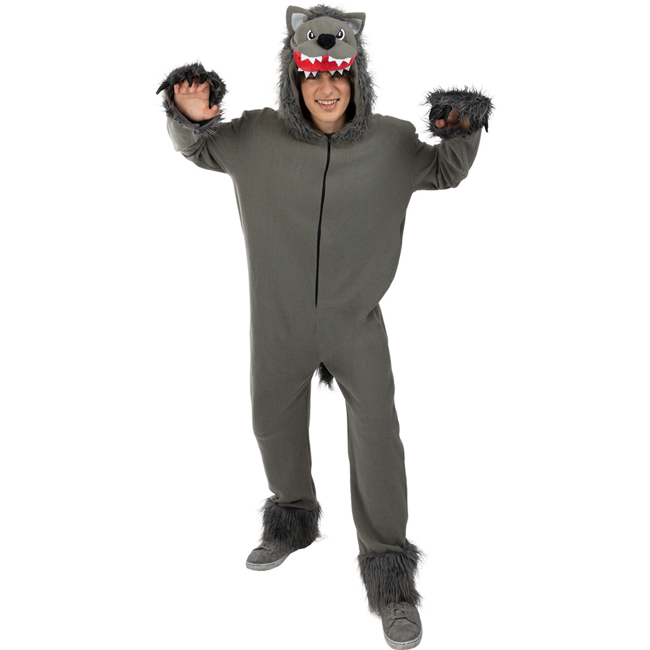 Op deze afbeelding zie je een Kostuums, van het merk Funidelia. Grijze Gemene Wolf Kostuum