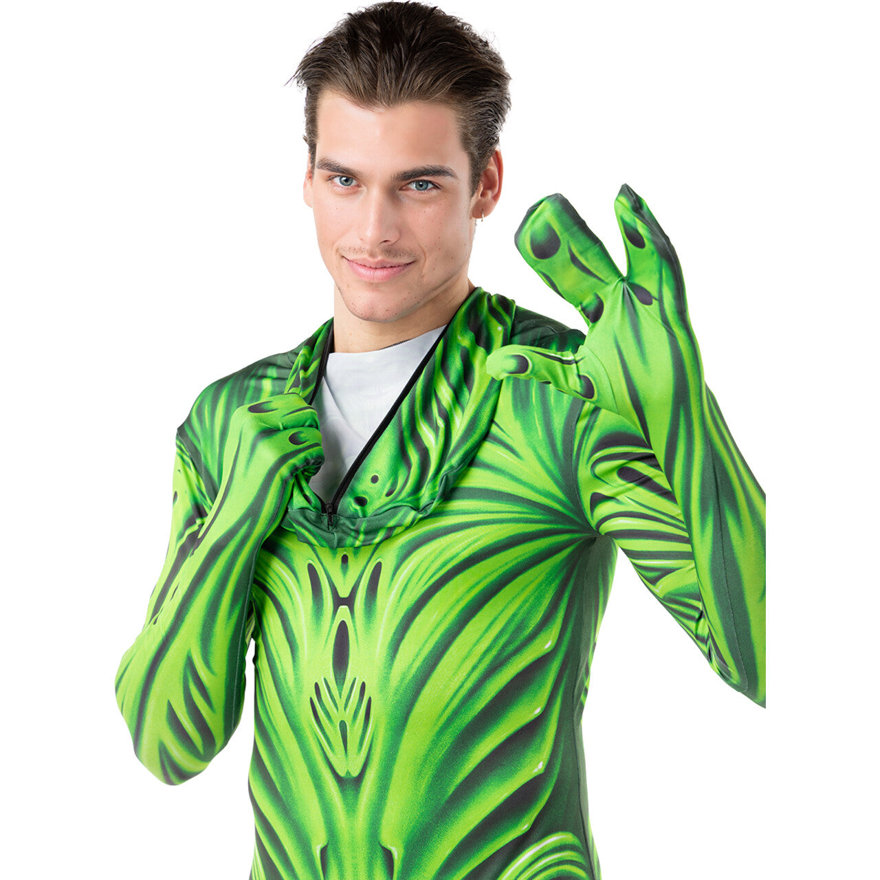 Op deze afbeelding zie je een Kostuums, van het merk Funidelia. Green Alien Monster Second Skin Man Kostuum