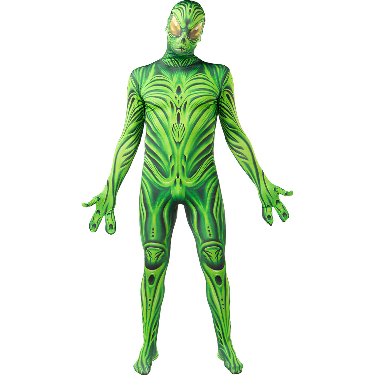 Op deze afbeelding zie je een Kostuums, van het merk Funidelia. Green Alien Monster Second Skin Man Kostuum