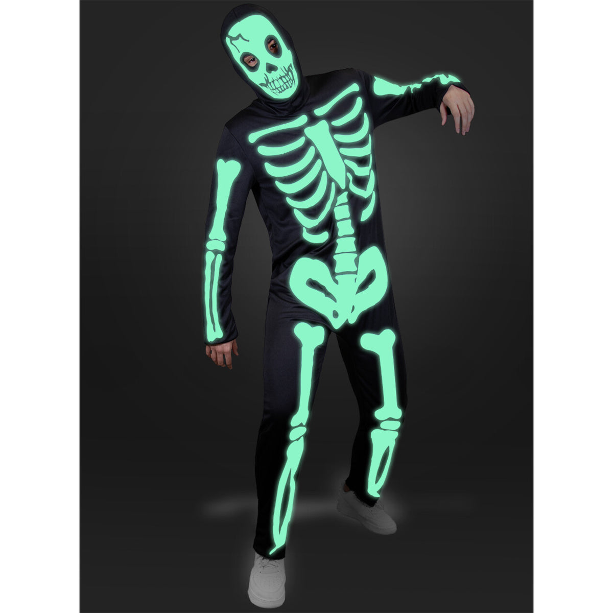 Op deze afbeelding zie je een Kostuums, van het merk Funidelia. Glow In The Dark Skeleton Walk Man Kostuum