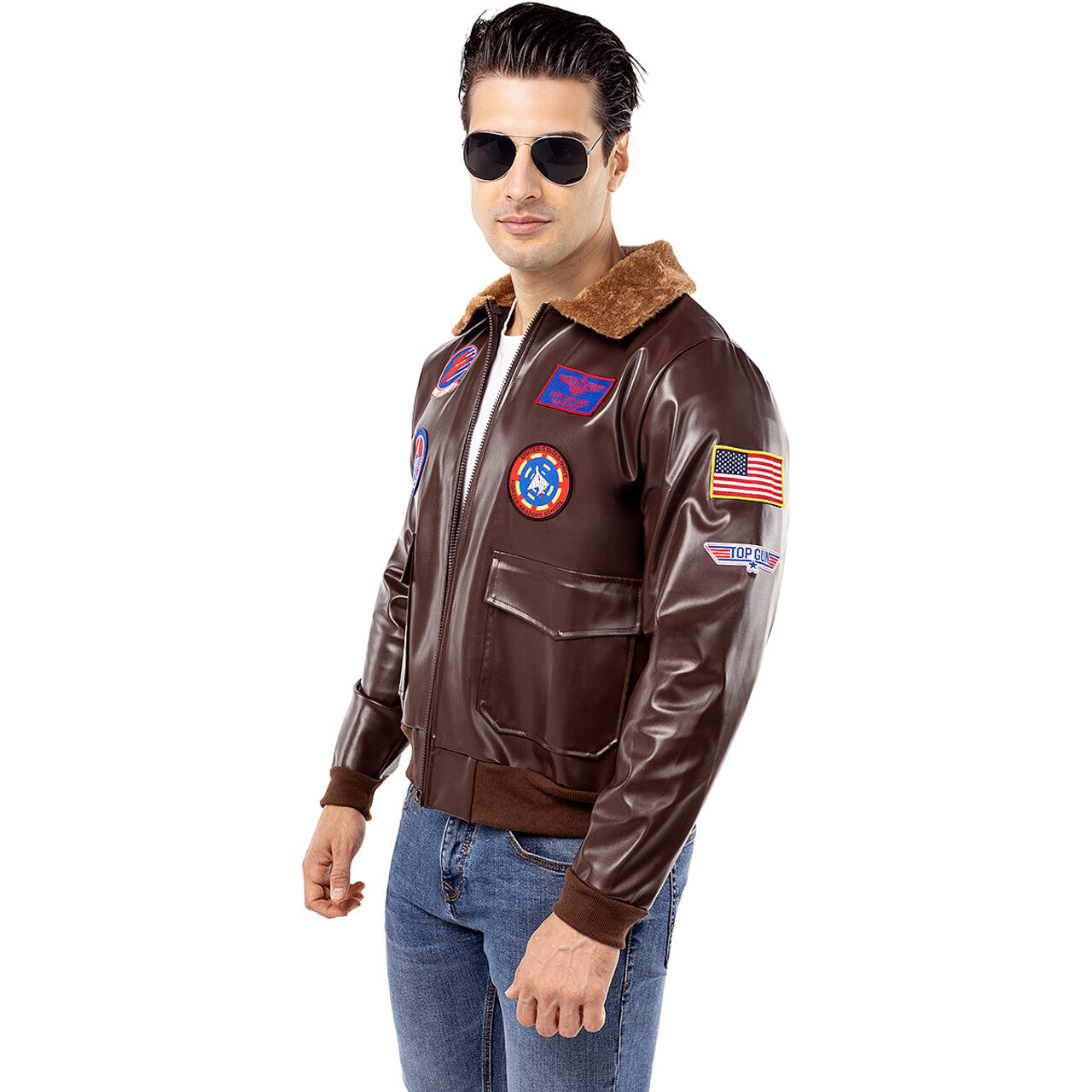 Op deze afbeelding zie je een Kostuums, van het merk Funidelia. Stoere Bruine Top Gun Aviator Jas Man