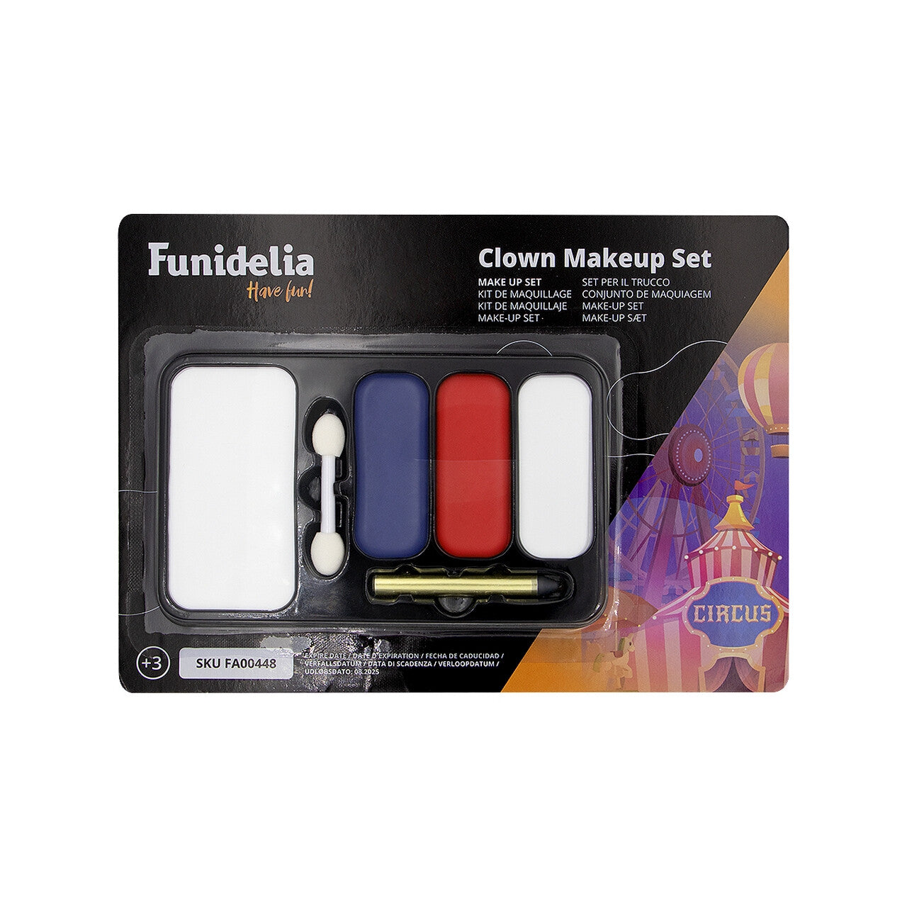 Op deze afbeelding zie je een Accessoires, van het merk Funidelia. Clown Make-Up Set Paars Rood Wit