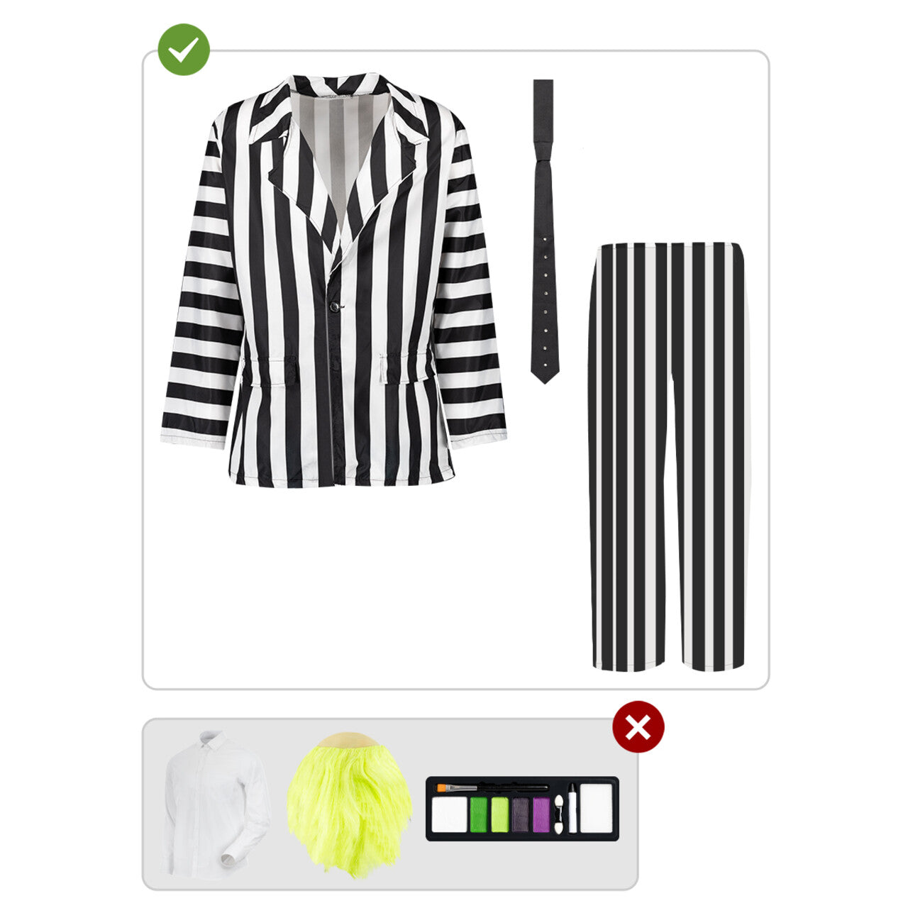Op deze afbeelding zie je een Kostuums, van het merk Funidelia. Gestreepte Gek Beetlejuice Man Kostuum