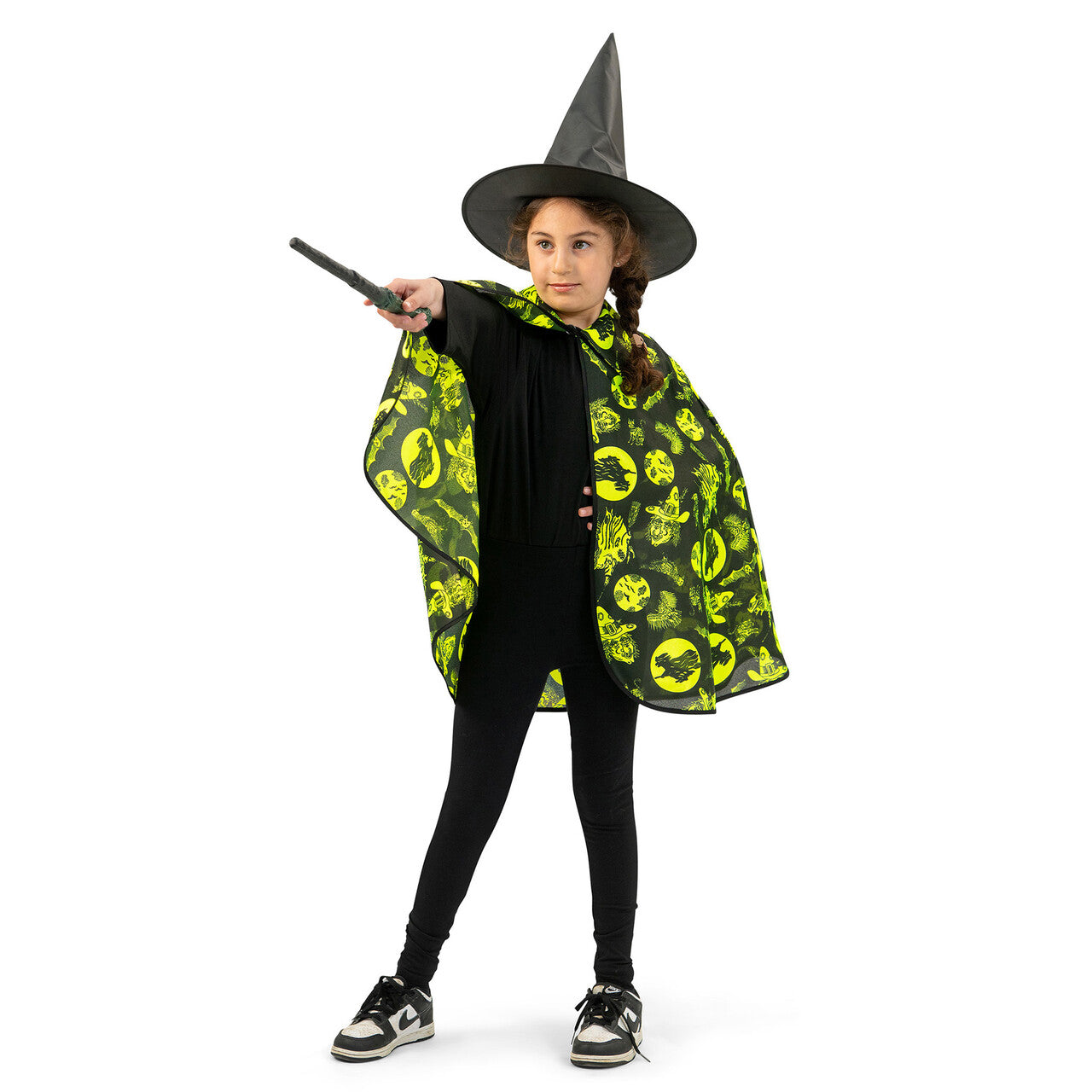 Op deze afbeelding zie je een Kostuums, van het merk Funny Fashion. Fluorescerende Heksen Cape Kind