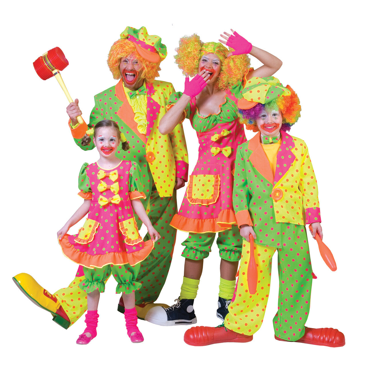 Op deze afbeelding zie je een Kostuums, van het merk Funny Fashion. Groen Gele Stippen Clown Fluorino Jongen Kostuum