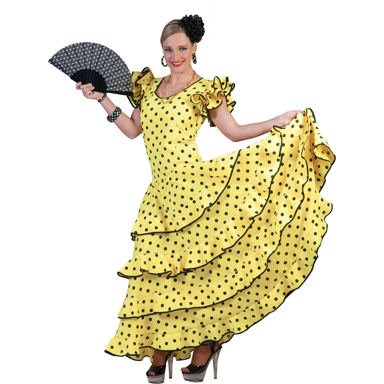 Op deze afbeelding zie je een Kostuums, van het merk Funny Fashion. Ole Ole Lange Gele Flamencojurk Vrouw