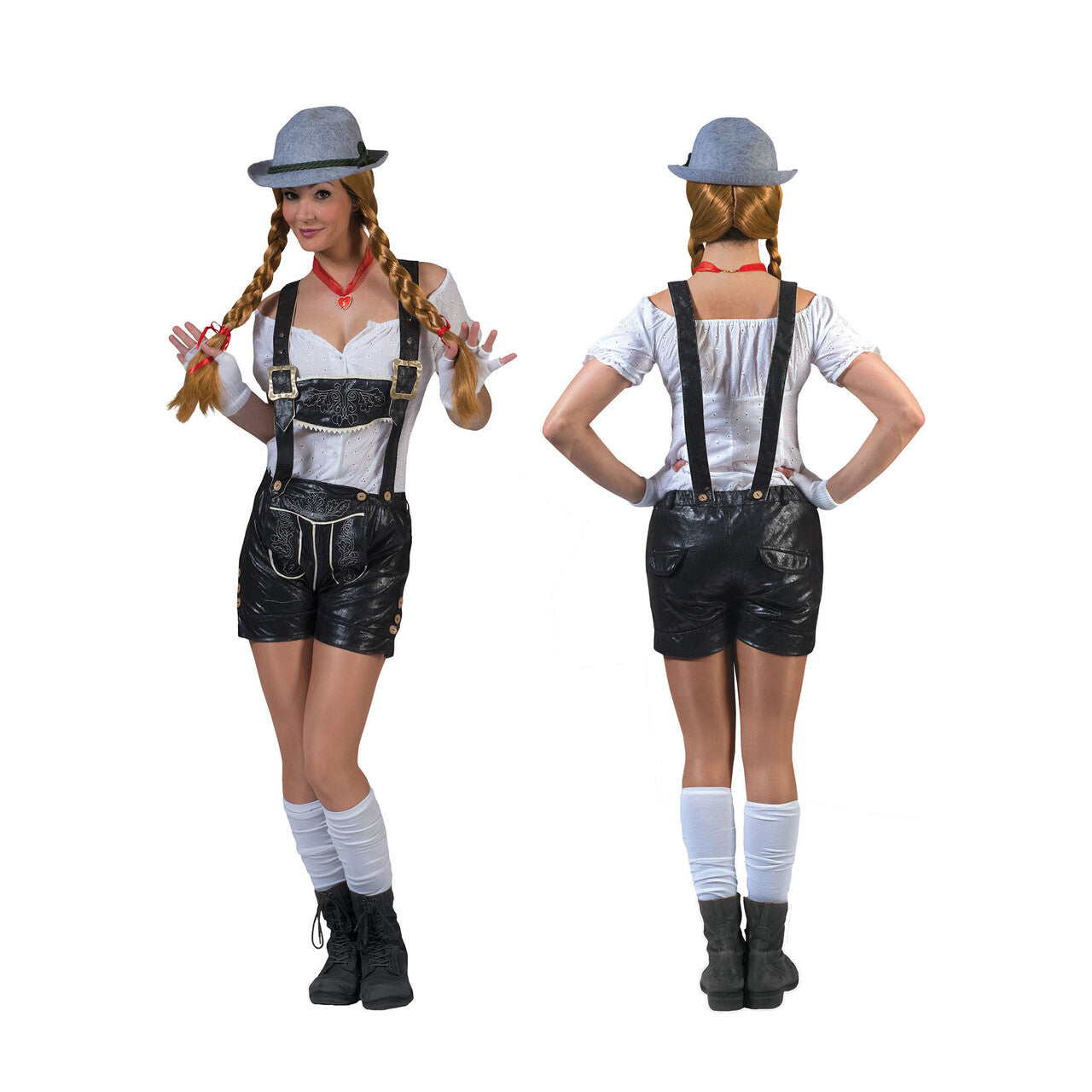 Op deze afbeelding zie je een Kostuums, van het merk Funny Fashion. Zwarte Lederlook Tiroler Shorts Vrouw Kostuum