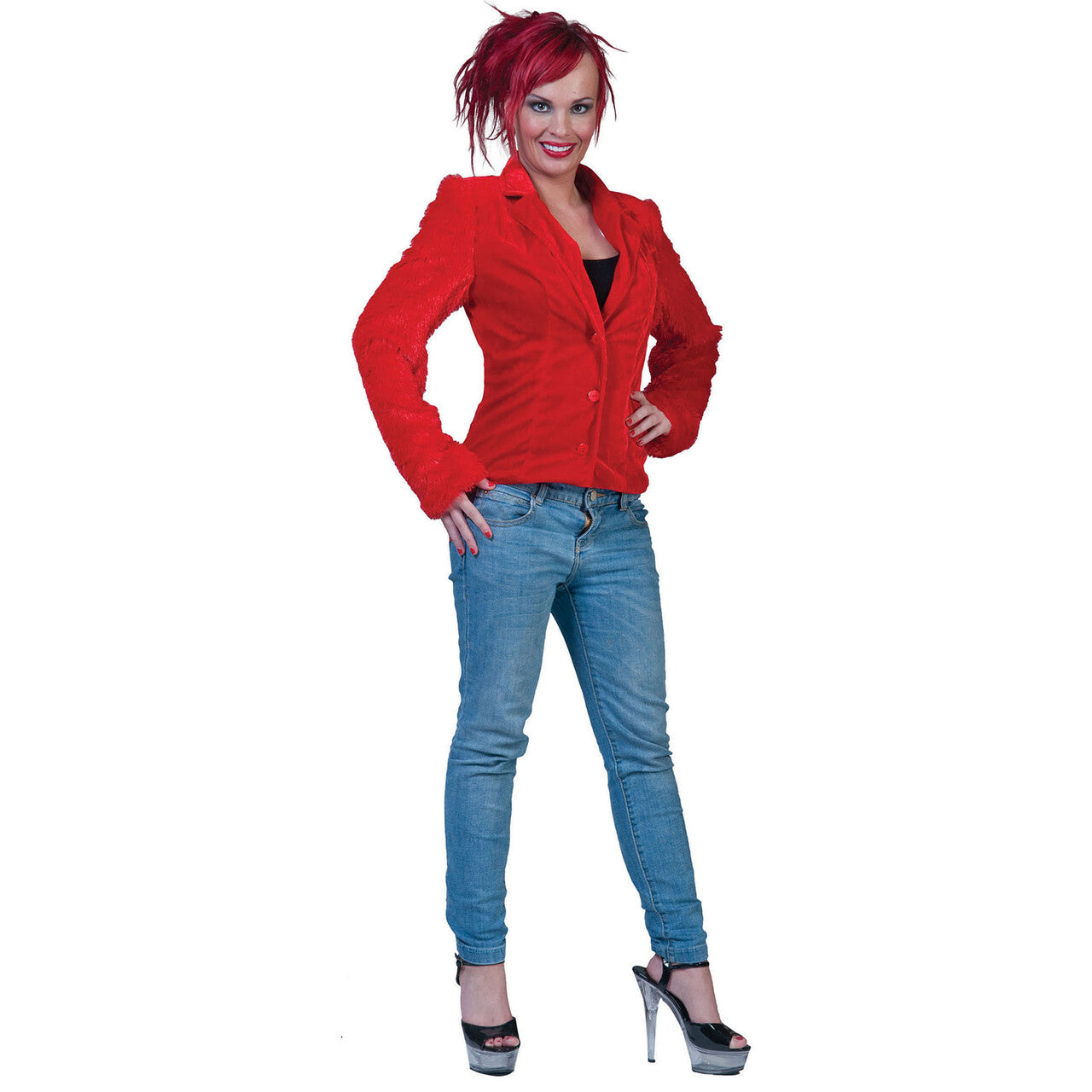 Op deze afbeelding zie je een Kostuums, van het merk Funny Fashion. Fuzzy Jasje Rood Vrouw