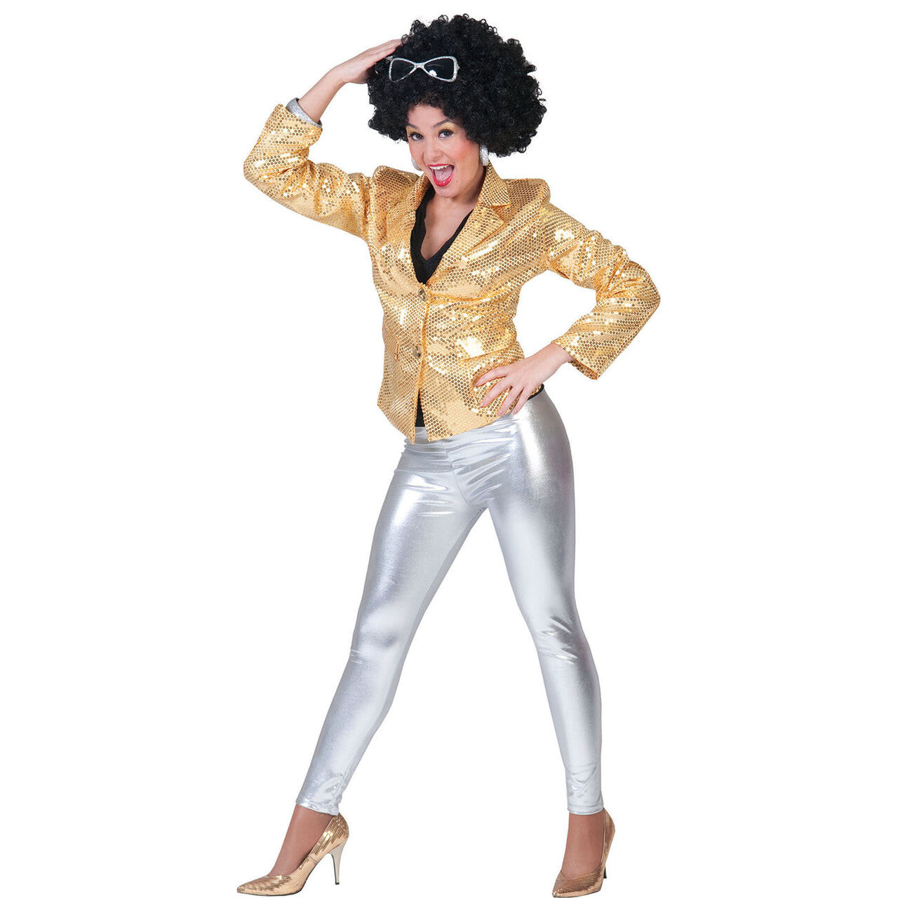 Op deze afbeelding zie je een Kostuums, van het merk Funny Fashion. Zilveren Legging Vrouw