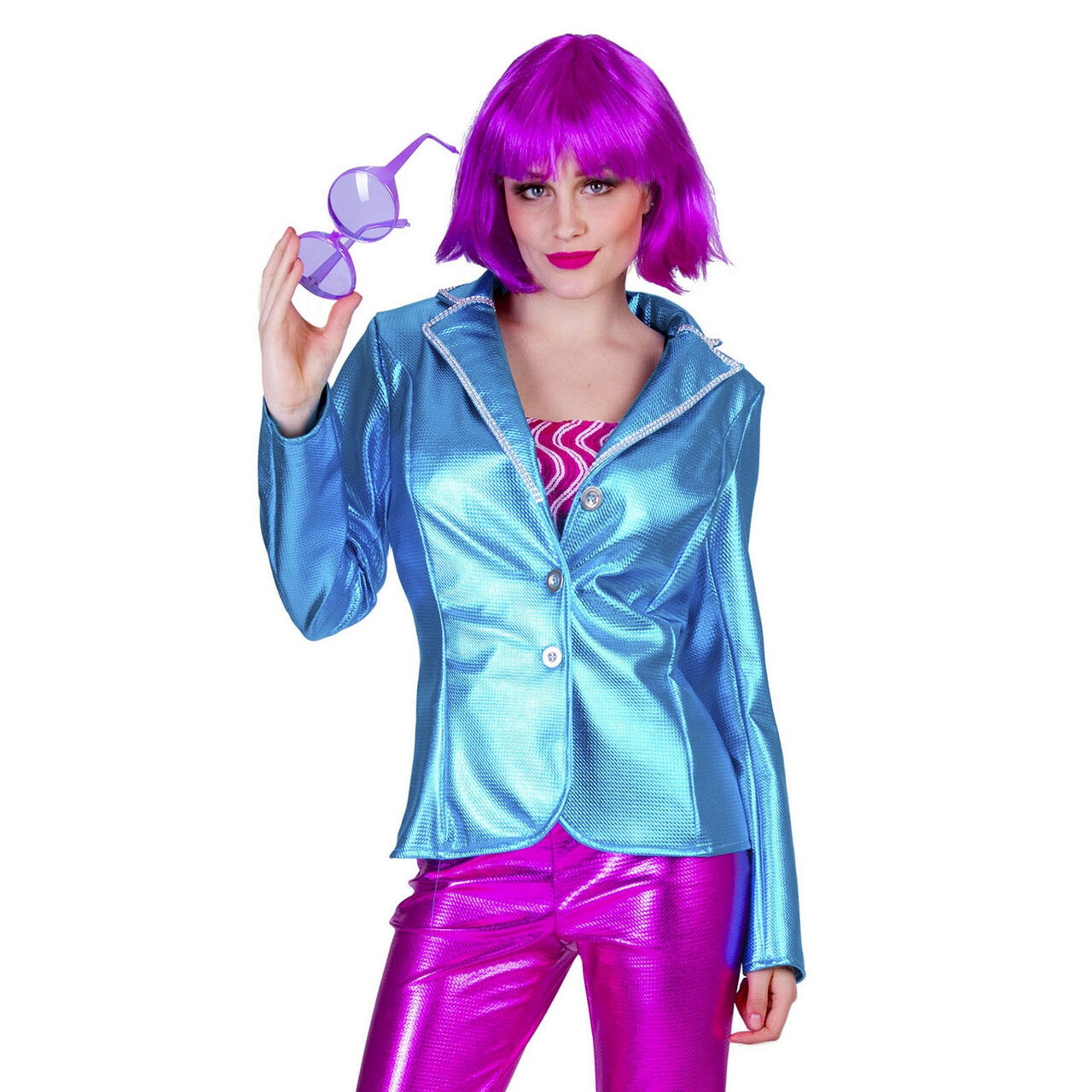 Op deze afbeelding zie je een Kostuums, van het merk Funny Fashion. Disco Fever Jack Glimmend Blauw Vrouw