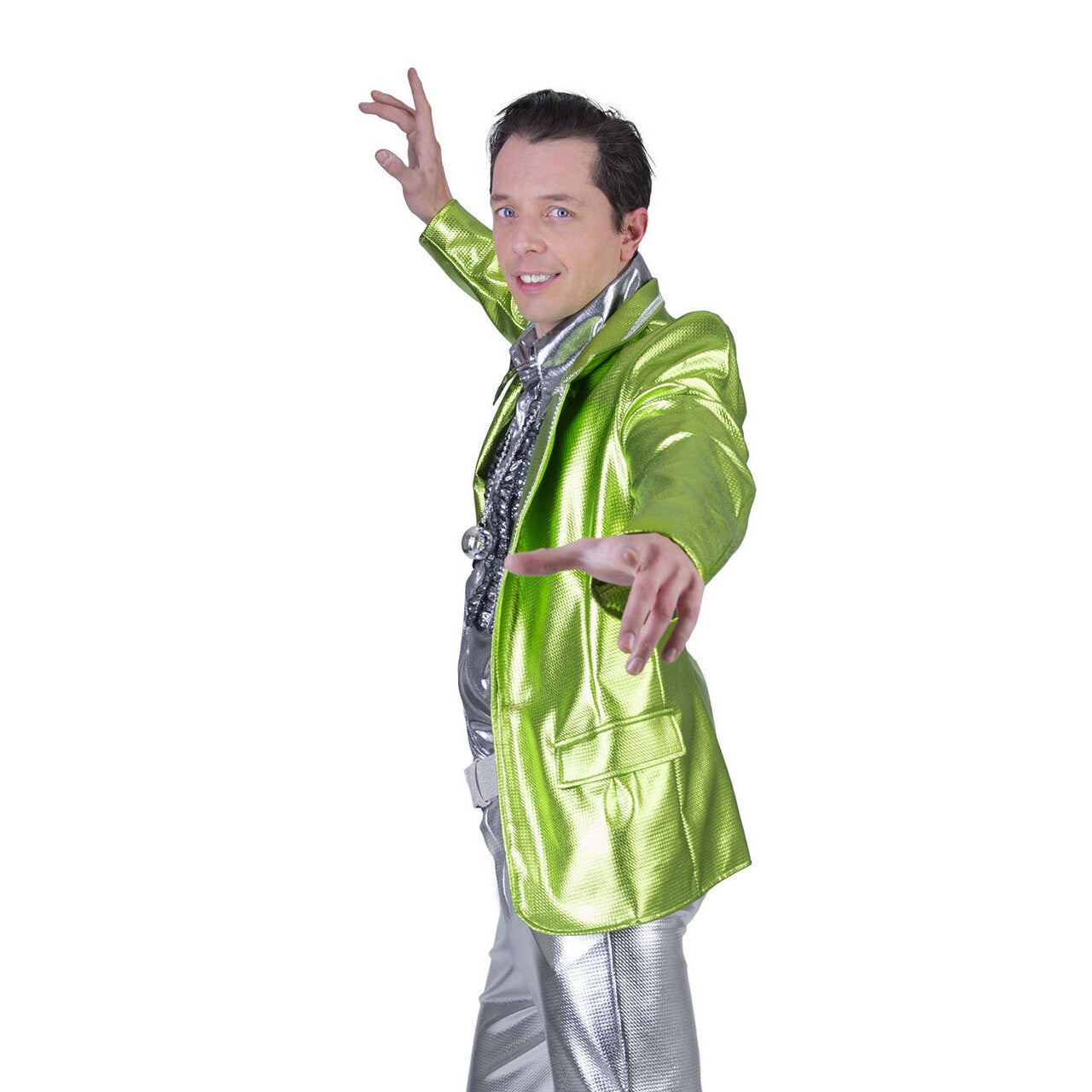 Op deze afbeelding zie je een Kostuums, van het merk Funny Fashion. Glanzend Groen Disco Godheid Colbert Man