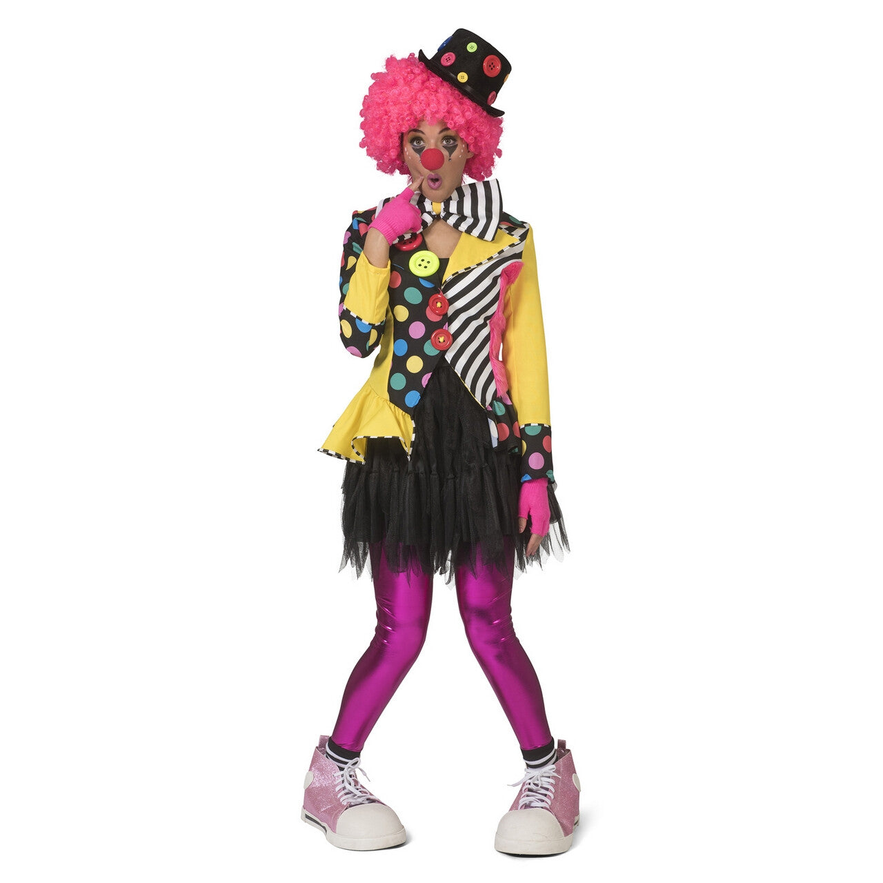 Op deze afbeelding zie je een Kostuums, van het merk Funny Fashion. Enorme Knopen Jas Clown Augustina Vrouw