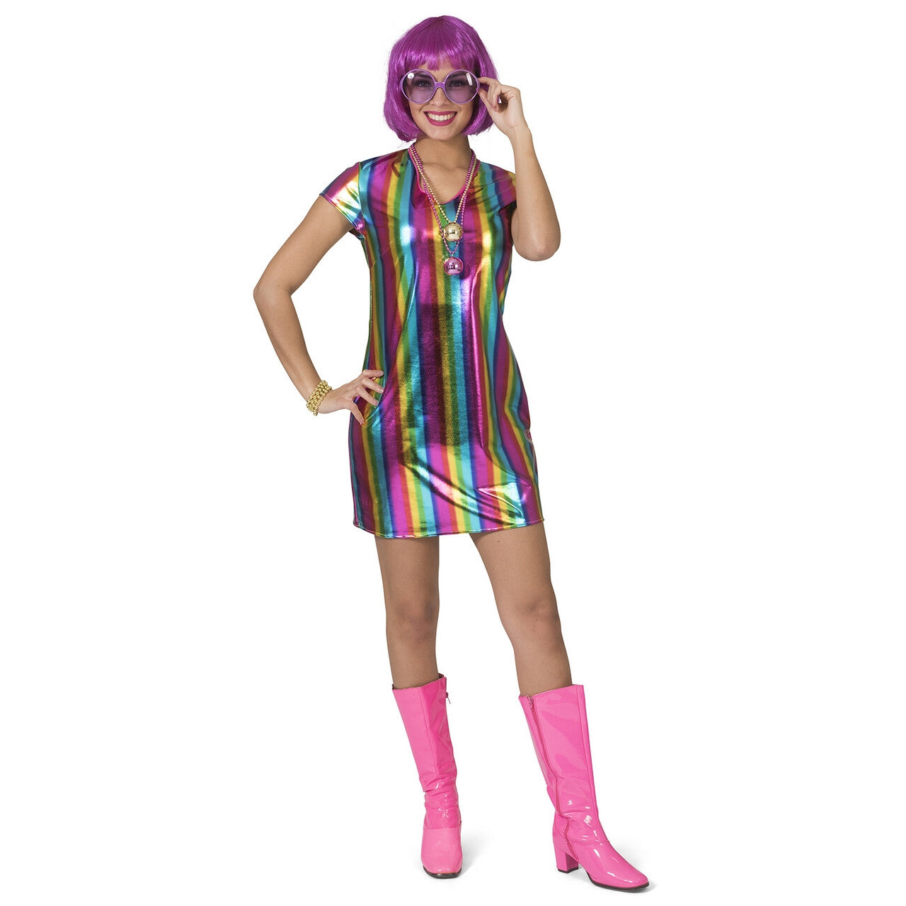 Op deze afbeelding zie je een Kostuums, van het merk Funny Fashion. Metallic Glanzende Regenboog Jaren 80 Vrouw Kostuum
