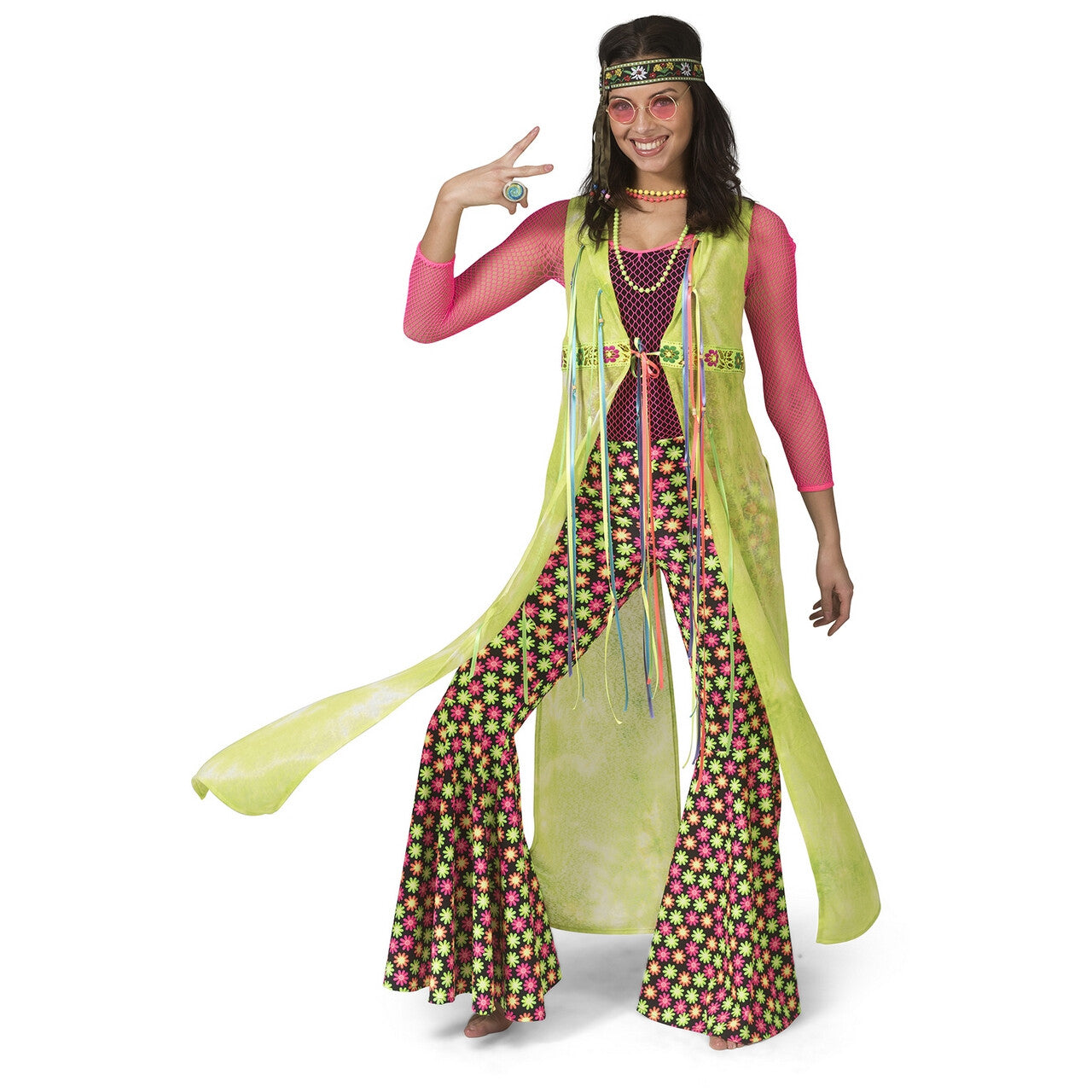 Op deze afbeelding zie je een Kostuums, van het merk Funny Fashion. Neon Gele Cape Jas Hippie Vrouw