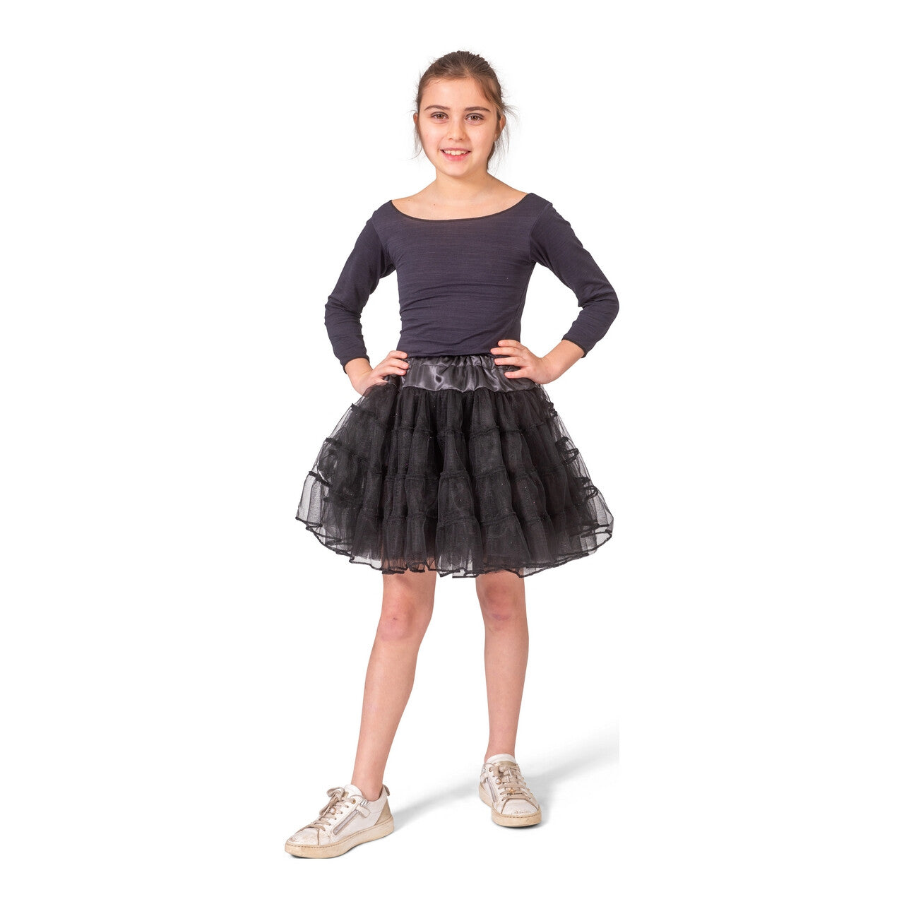 Op deze afbeelding zie je een Kostuums, van het merk Funny Fashion. Zwarte Glitter Tule Petticoat Meisje