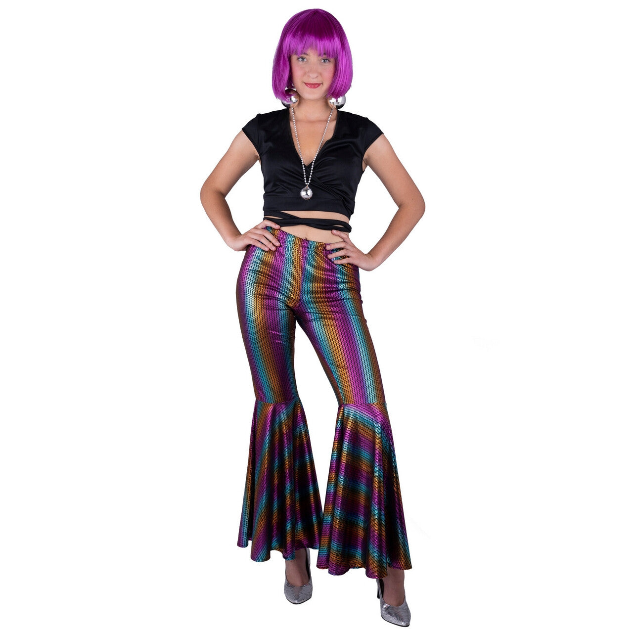 Op deze afbeelding zie je een Kostuums, van het merk Funny Fashion. Disco Striped Rainbow Brit Broek Vrouw