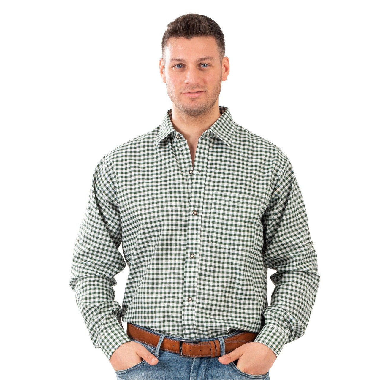 Op deze afbeelding zie je een Kostuums, van het merk Funny Fashion. Geblokte Blouse Tirol Groen / Wit Man