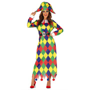 Op deze afbeelding zie je een Kostuums, van het merk Guirca. Kleurige Driehoekjes Harlekijn Vrouw Kostuum
