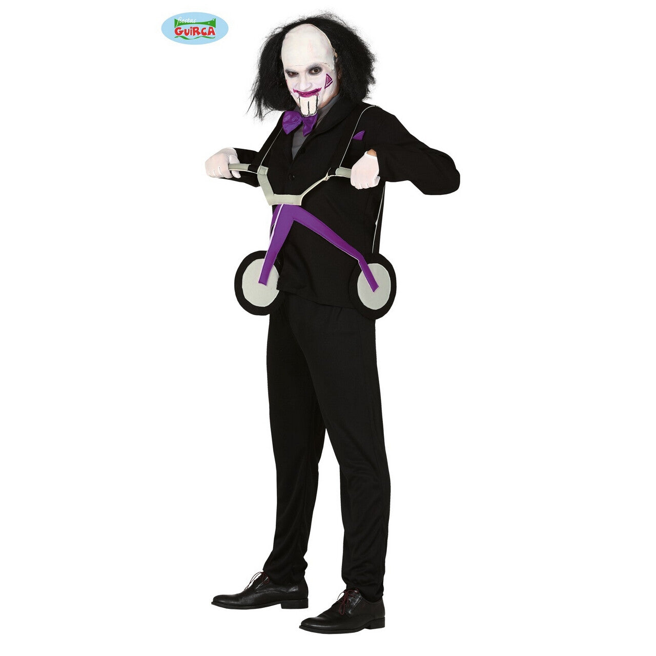 Op deze afbeelding zie je een Kostuums, van het merk Guirca. Saw Jigsaw Billy Moordenaar Met Driewieler Man Kostuum