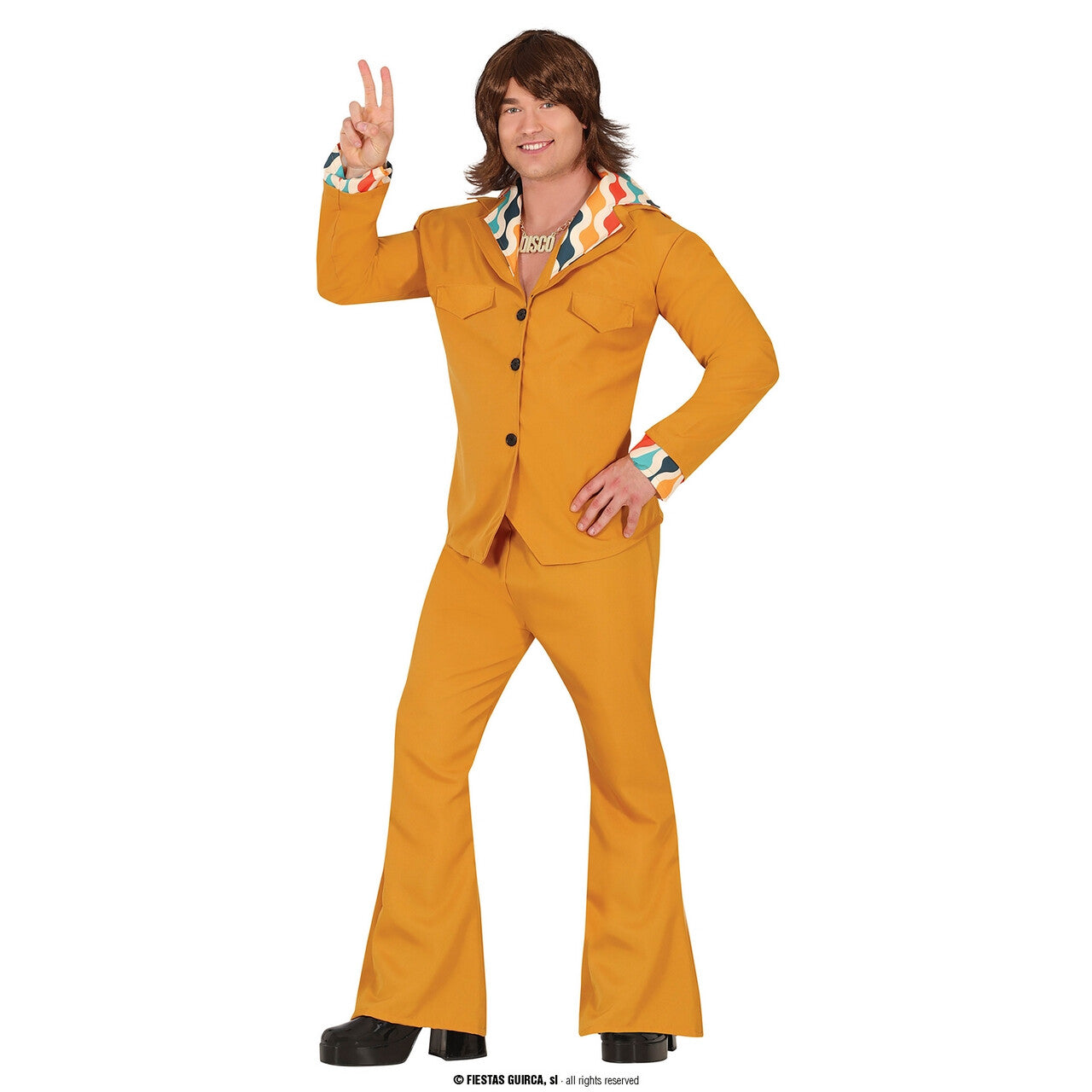 Op deze afbeelding zie je een Kostuums, van het merk Guirca. Disco Jaren 70 Justin De Orange Man Kostuum