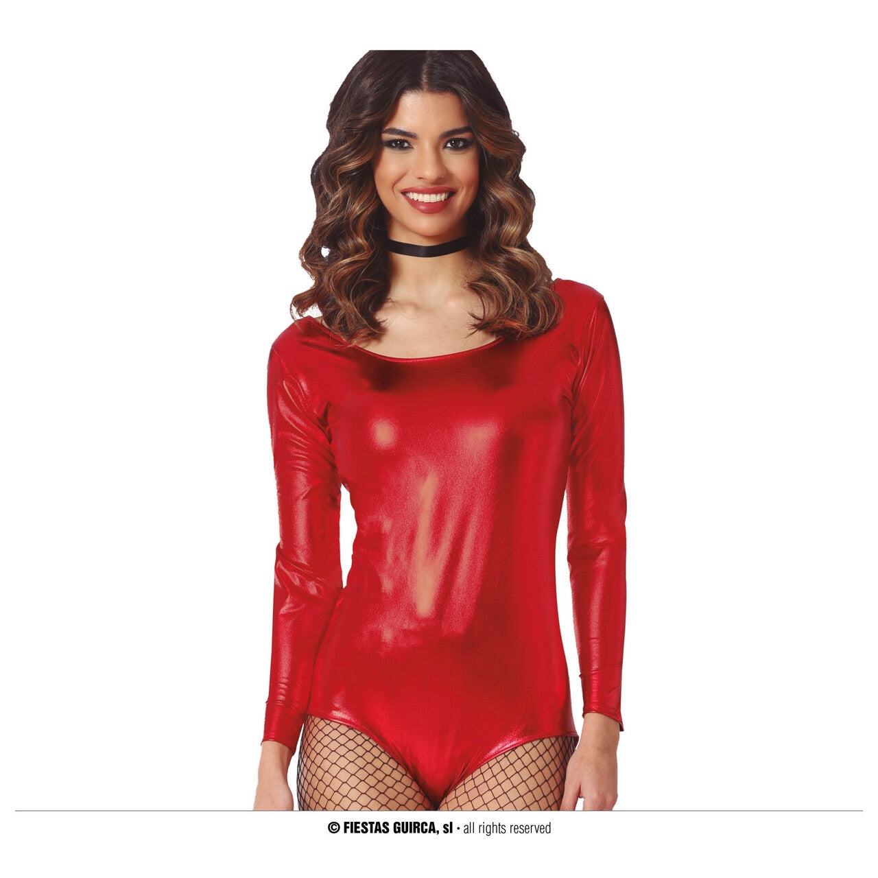 Op deze afbeelding zie je een Kostuums, van het merk Guirca. Metallic Rood Bodysuit Debbie Vrouw Kostuum