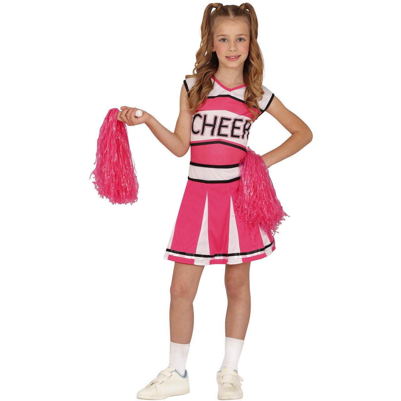 Op deze afbeelding zie je een Kostuums, van het merk Guirca. Pink Cheer Team Cheerleader Meisje Kostuum