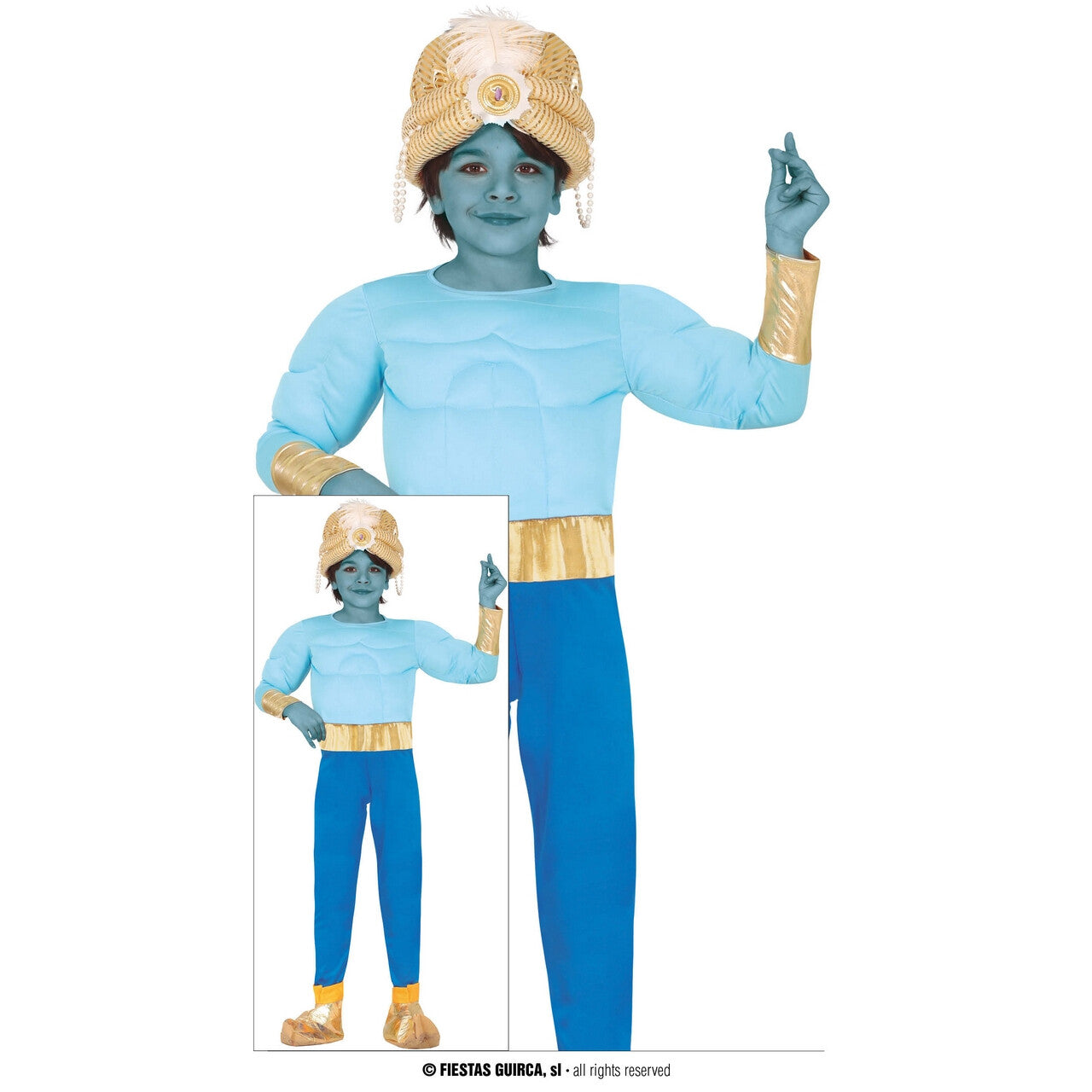 Op deze afbeelding zie je een Kostuums, van het merk Guirca. Blauwe Genie Uit De Lamp Kind Kostuum