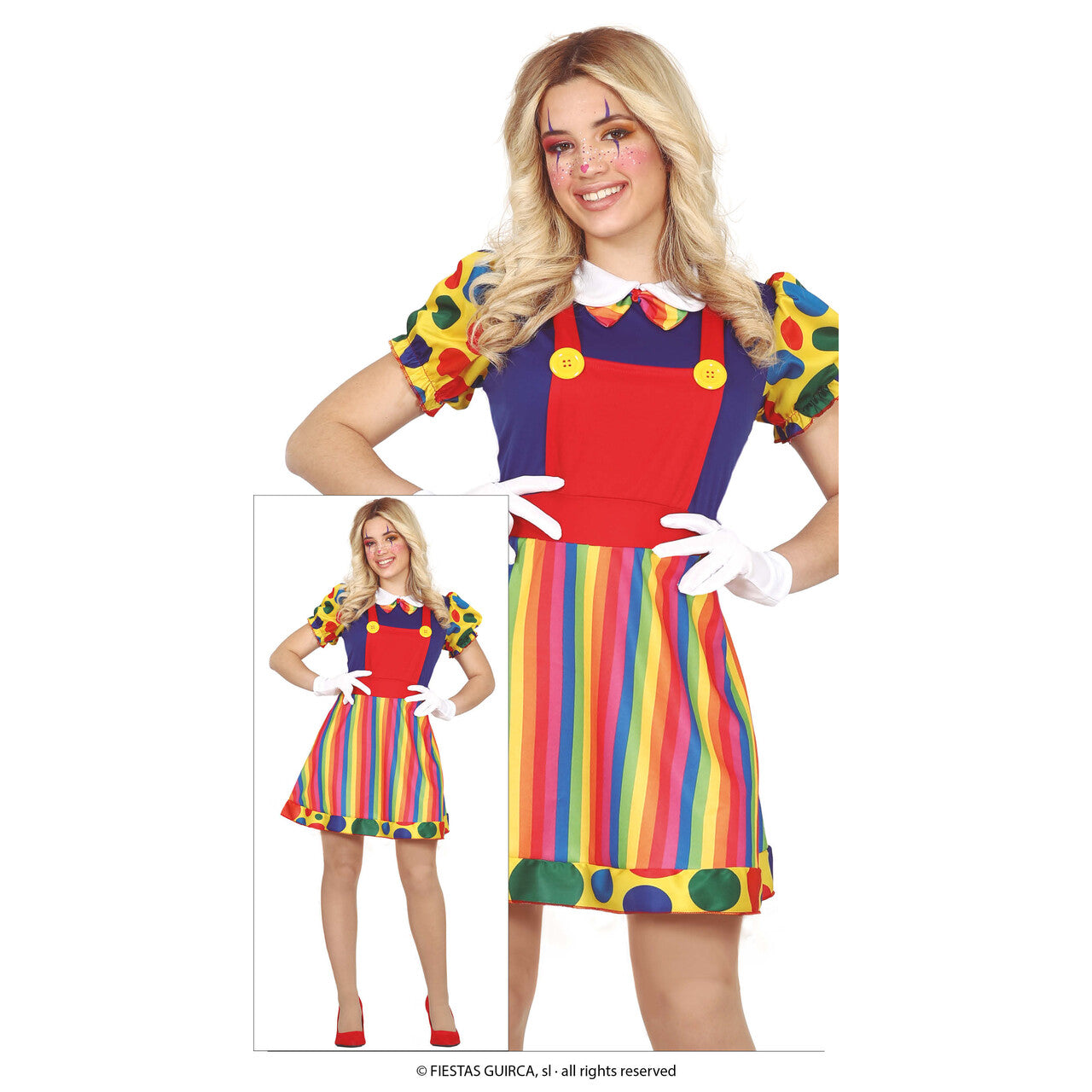 Op deze afbeelding zie je een Kostuums, van het merk Guirca. Vriendelijke Clown Jolige Joke Vrouw Kostuum