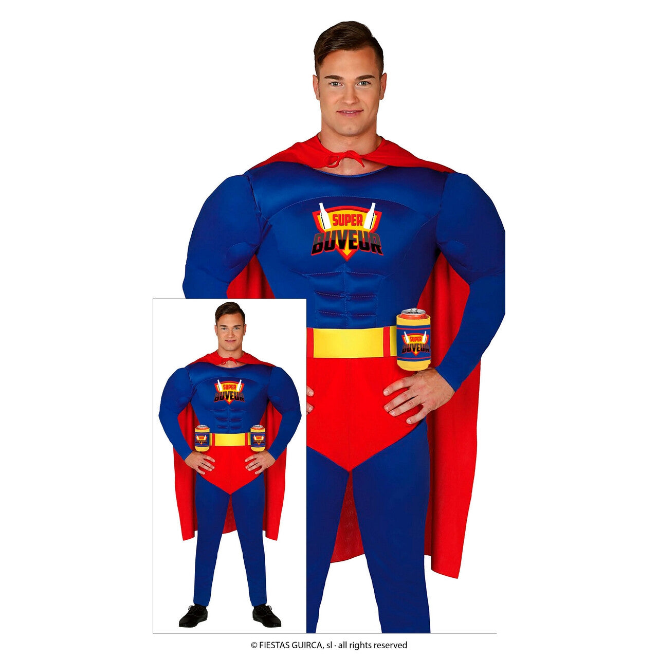 Op deze afbeelding zie je een Kostuums, van het merk Guirca. Superheld Superdrinker Man Kostuum