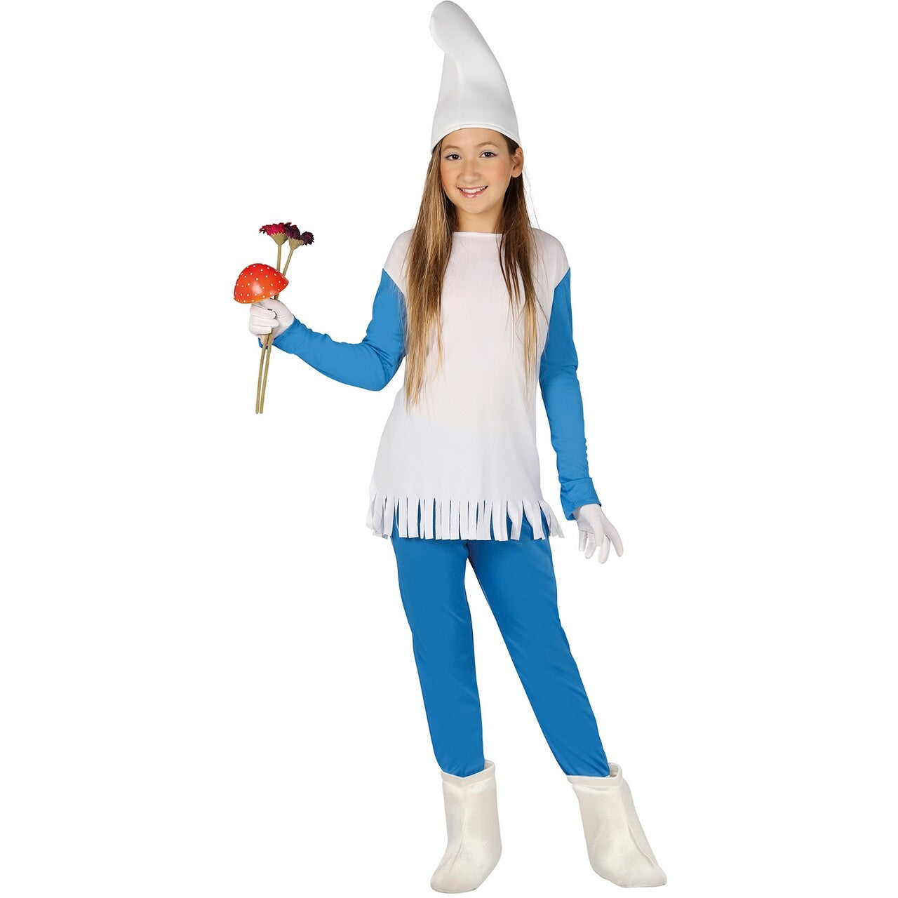 Op deze afbeelding zie je een Kostuums, van het merk Guirca. Smurfknappe Smurfin Meisje Kostuum