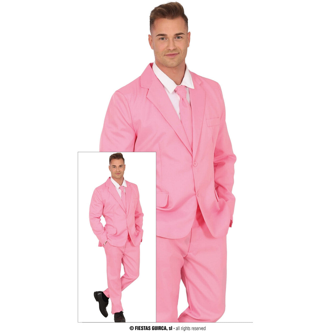 Op deze afbeelding zie je een Kostuums, van het merk Guirca. Pink Pimp Suit Mike Money Man Kostuum