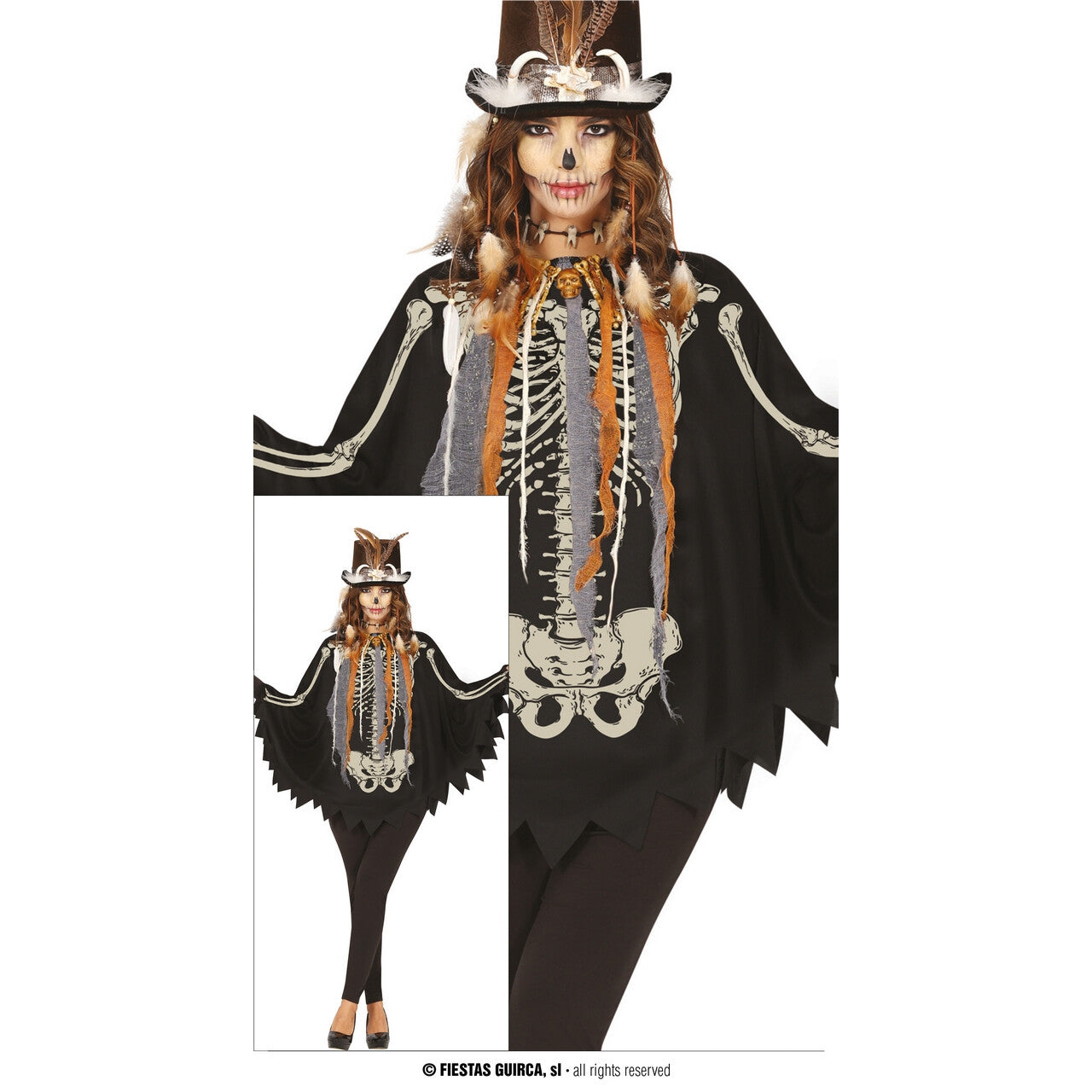 Op deze afbeelding zie je een Kostuums, van het merk Guirca. Voodoo Bones Poncho Vrouw Kostuum