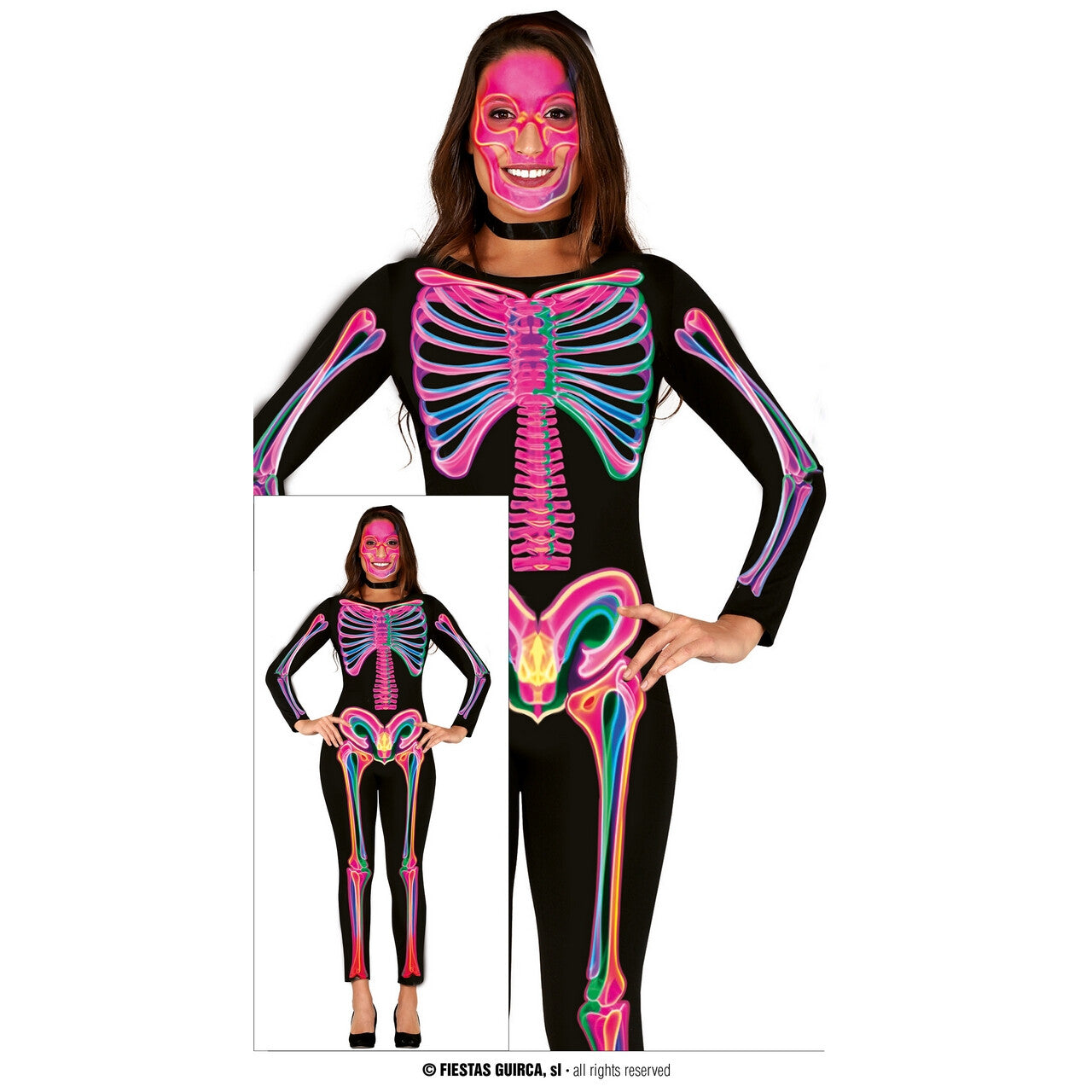 Op deze afbeelding zie je een Kostuums, van het merk Guirca. Neon Multicolor Skelet Stefanie Vrouw Kostuum